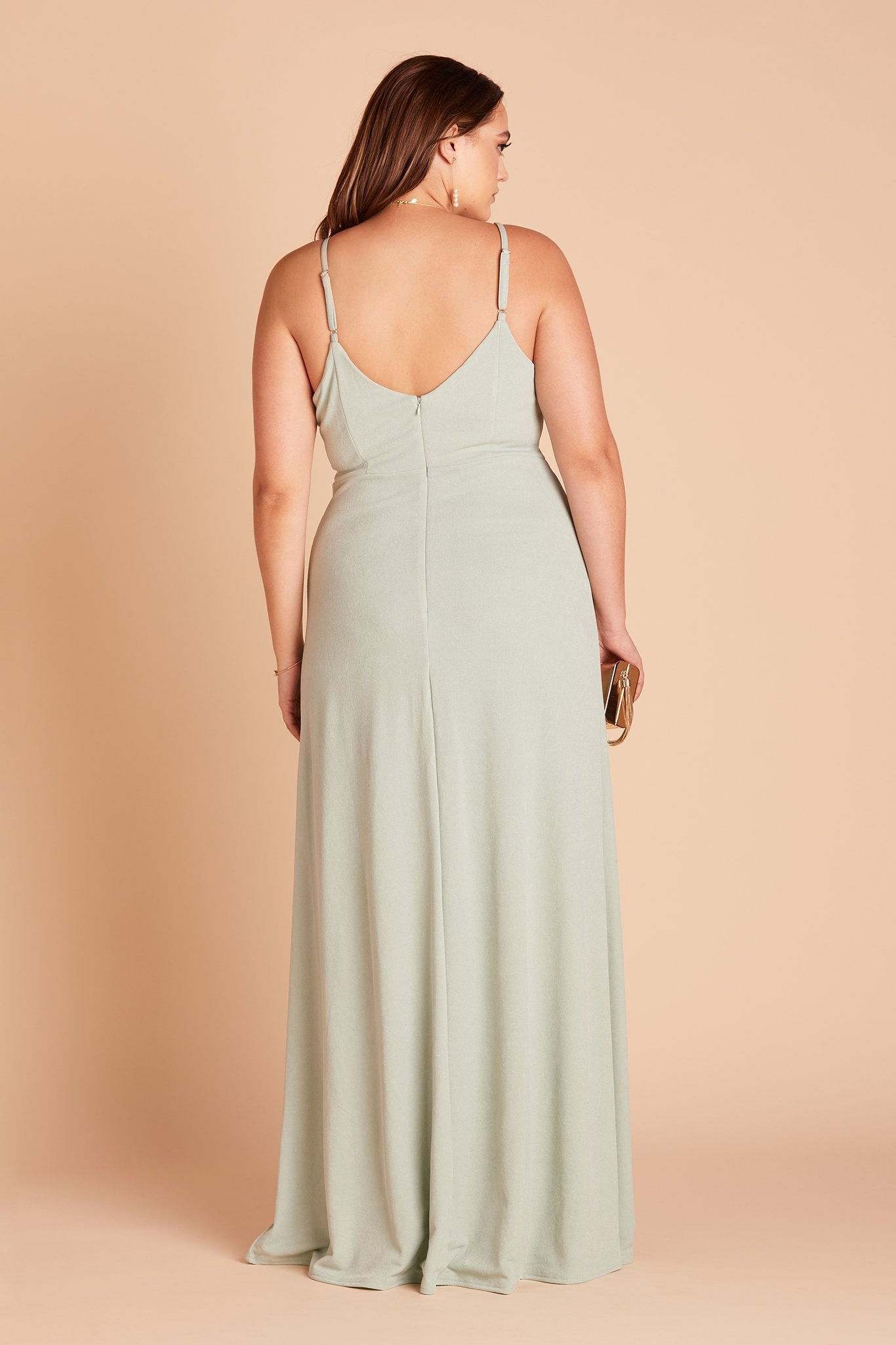 Jay plus size bridesmaid dress with slit in sage green crepe by Birdy Grey, back view