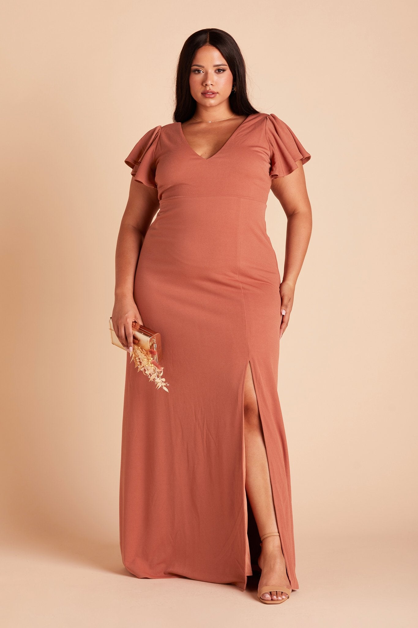  Hannah plus size bridesmaid dress with slit in terracotta crepe by Birdy Grey, front view