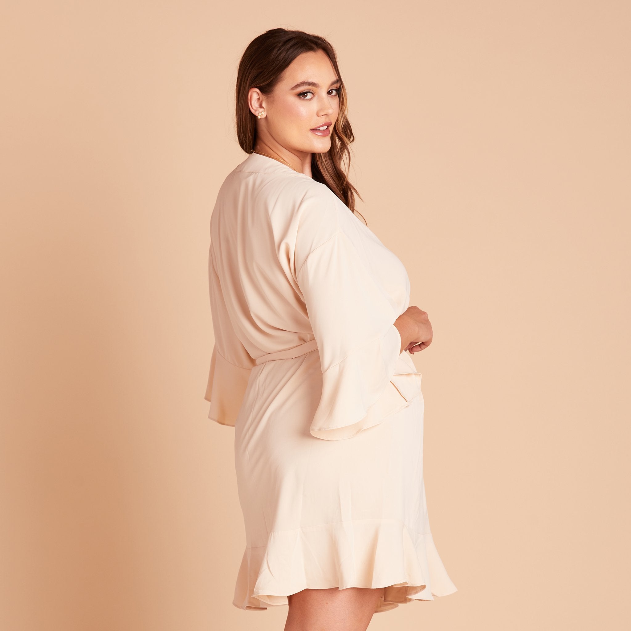 Kenny Ruffle Robe in champagne by Birdy Grey, side view