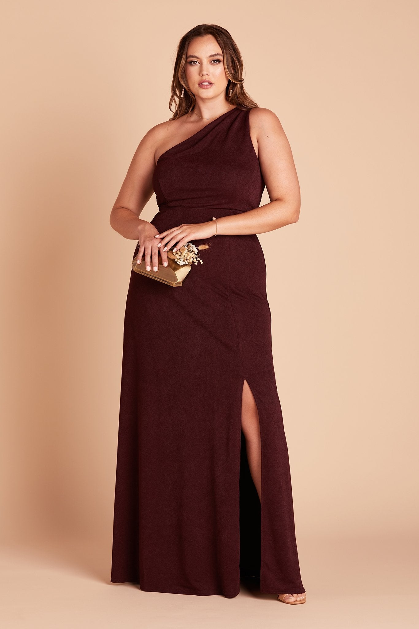 Kira plus size bridesmaid dress with slit in cabernet burgundy by Birdy Grey, front view
