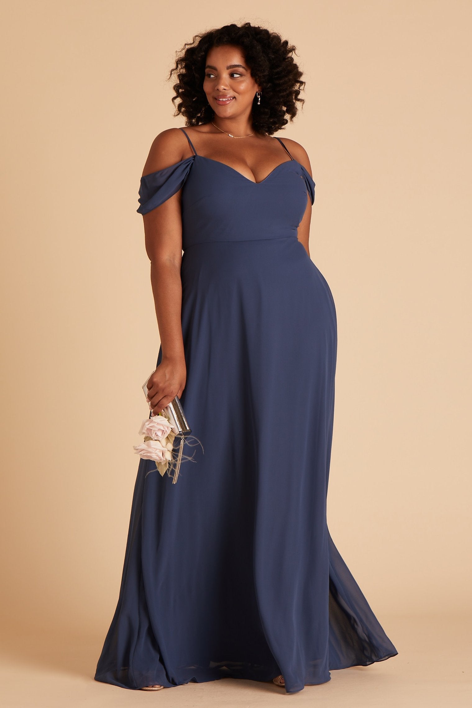 Devin convertible plus size bridesmaids dress in slate blue chiffon by Birdy Grey, front view