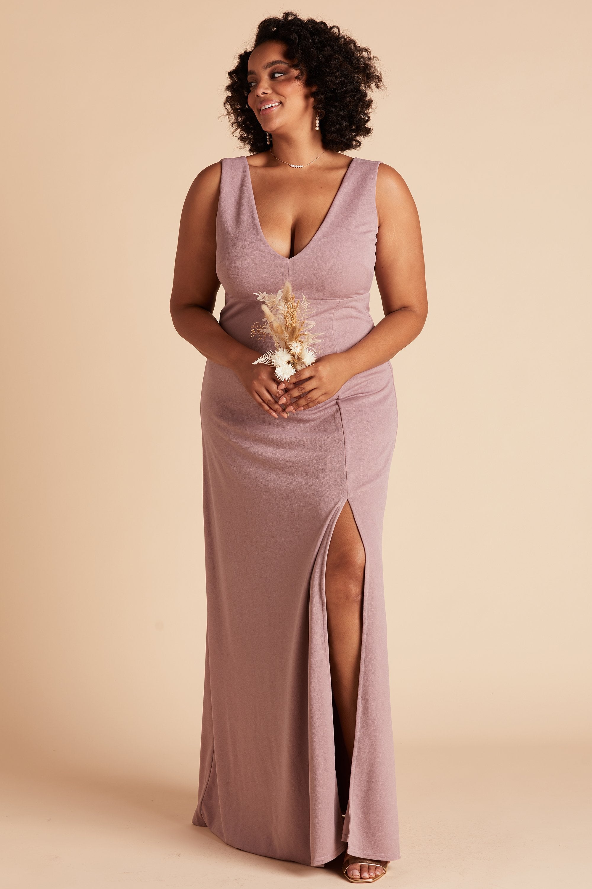 Shamin plus size bridesmaid dress with slit in dark mauve crepe by Birdy Grey, front view