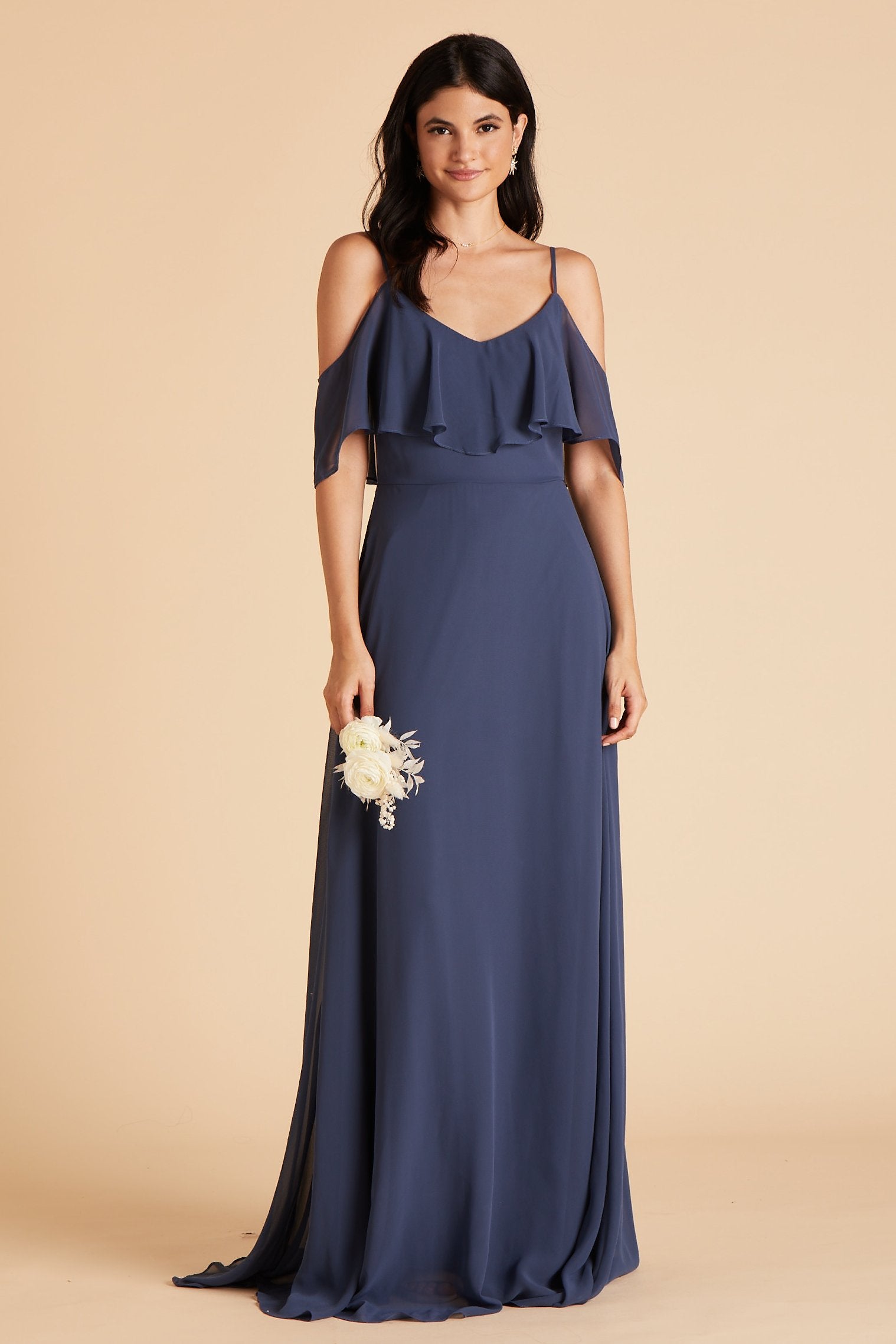 Jane convertible bridesmaid dress in slate blue chiffon by Birdy Grey, front view