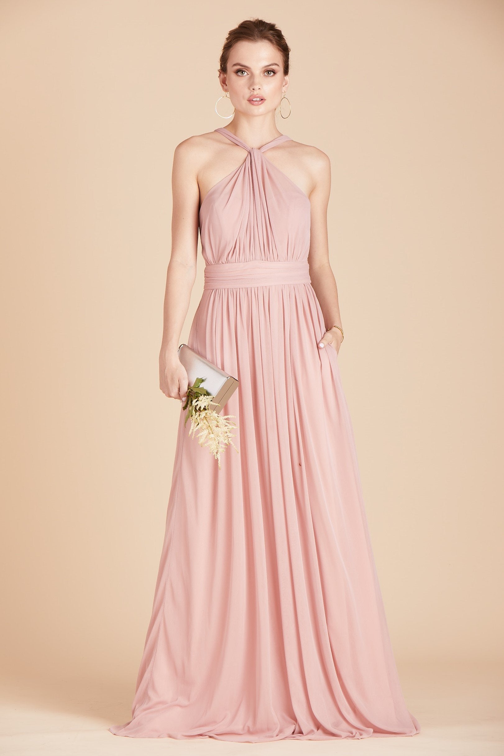 Kiko bridesmaid dress in dusty rose chiffon by Birdy Grey, front view with hand in pocket