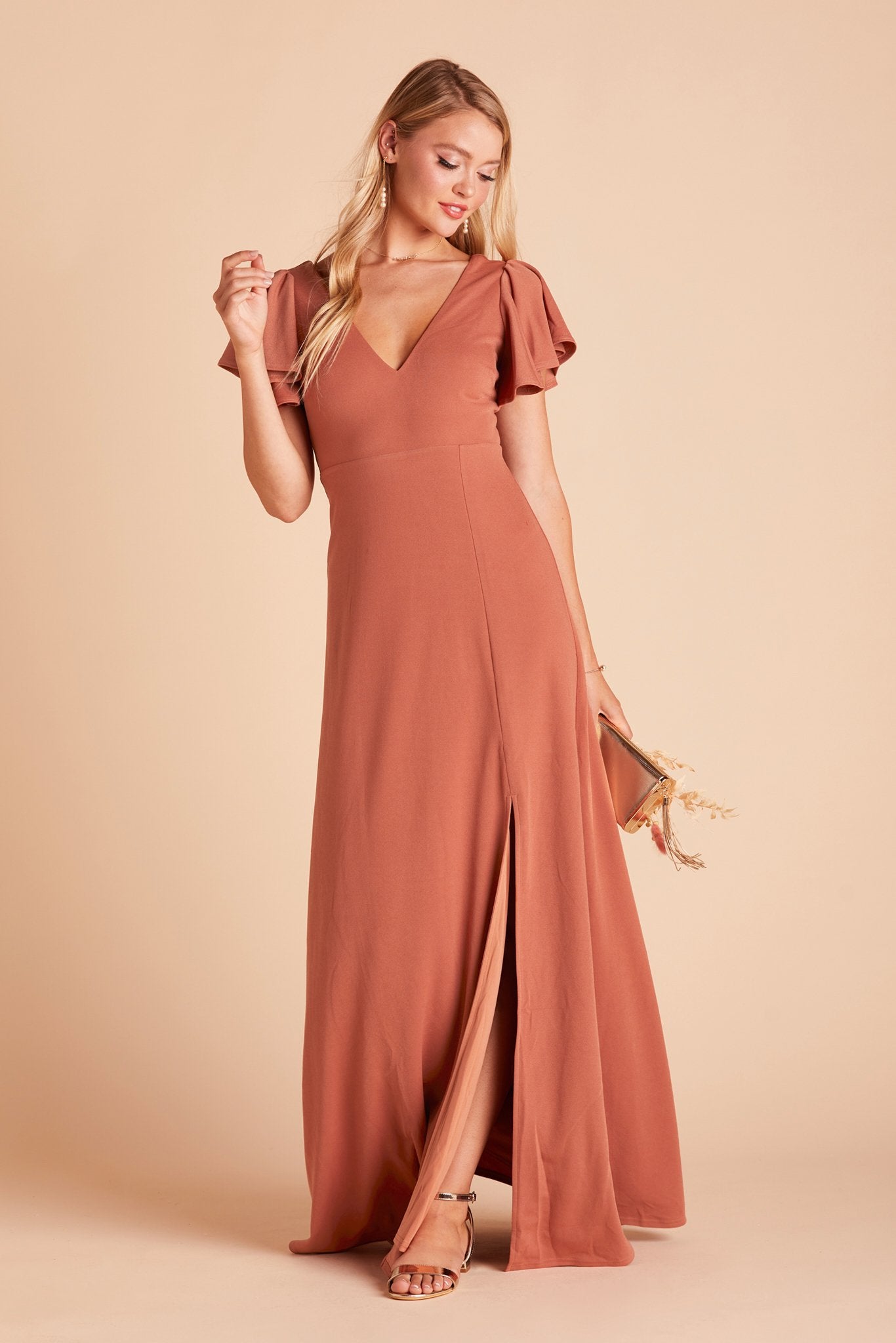 Hannah bridesmaid dress with slit in terracotta crepe by Birdy Grey, front view
