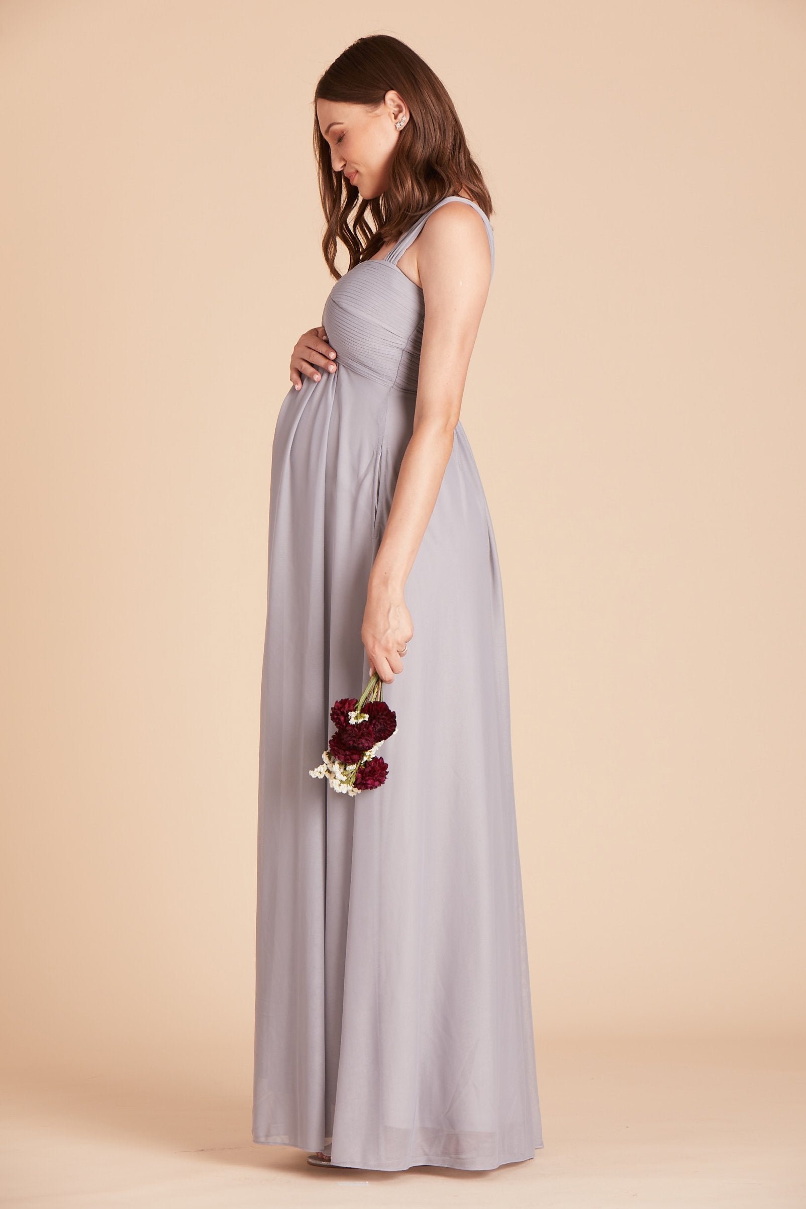 Maria convertible bridesmaids dress in silver mesh by Birdy Grey, side view