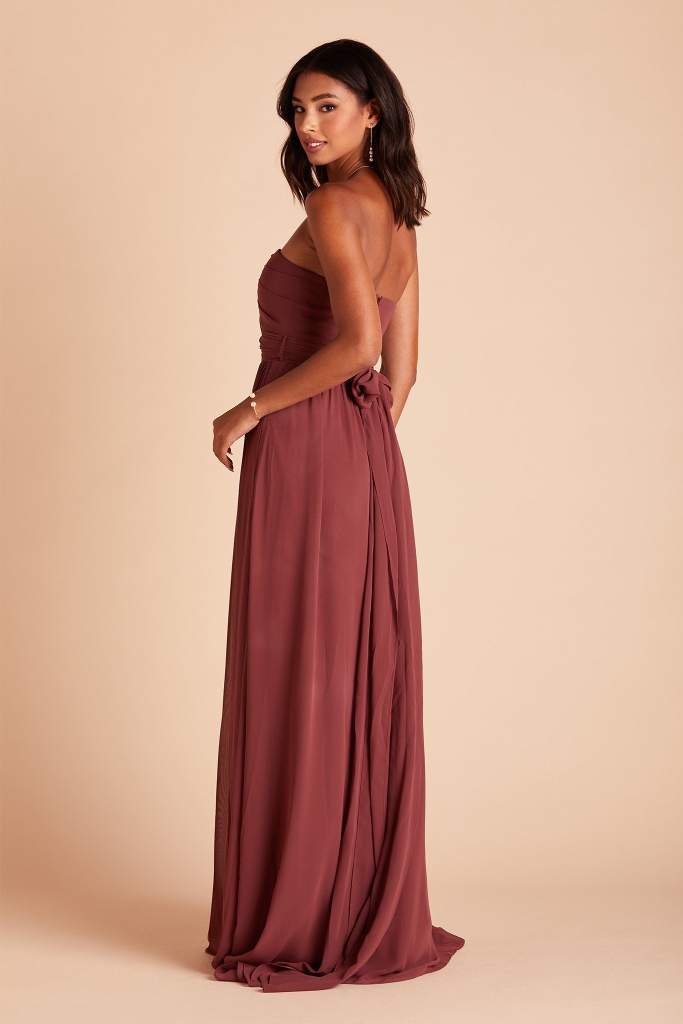 Grace convertible bridesmaid dress with slit in rosewood chiffon by Birdy Grey, side view