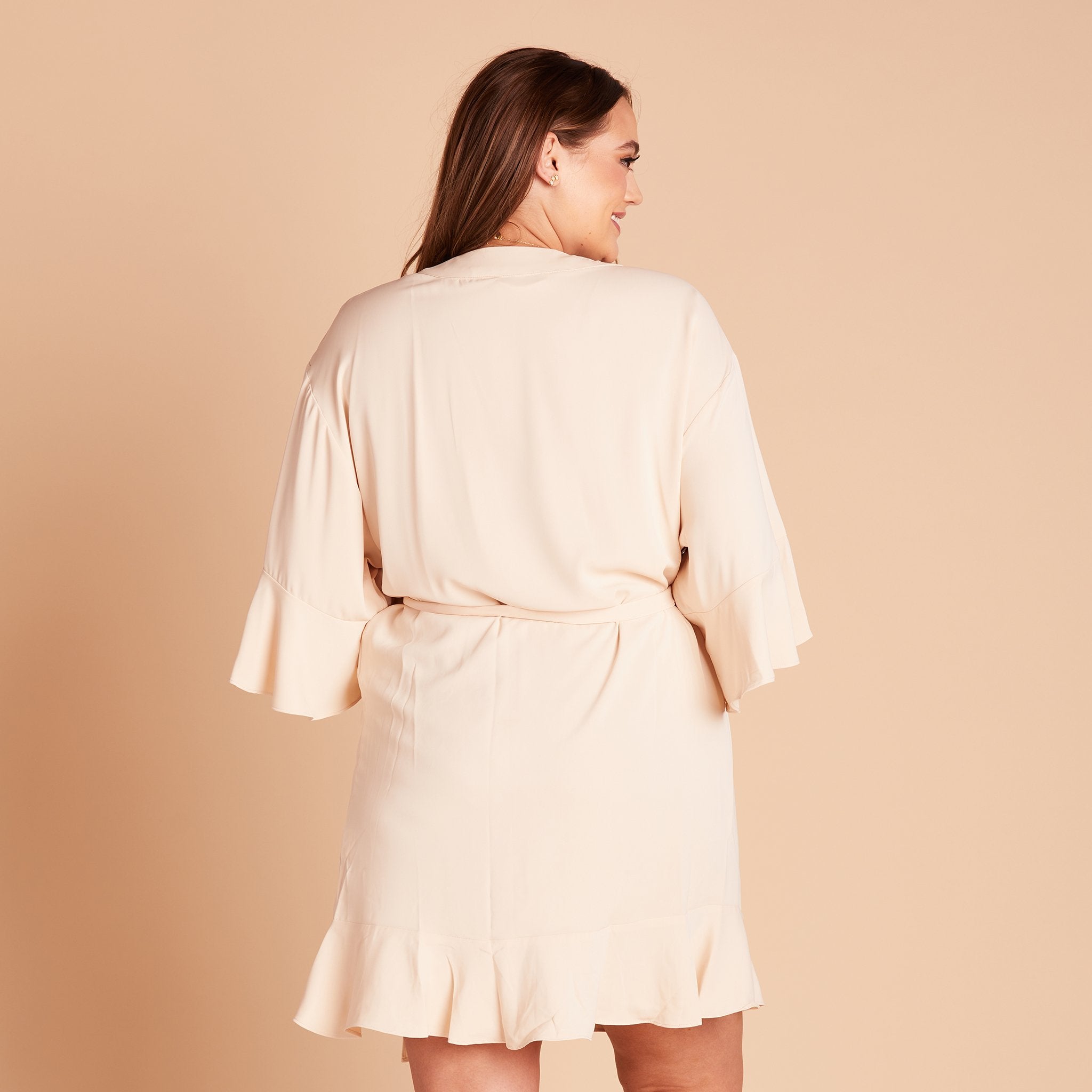 Kenny Ruffle Robe in champagne by Birdy Grey, back view