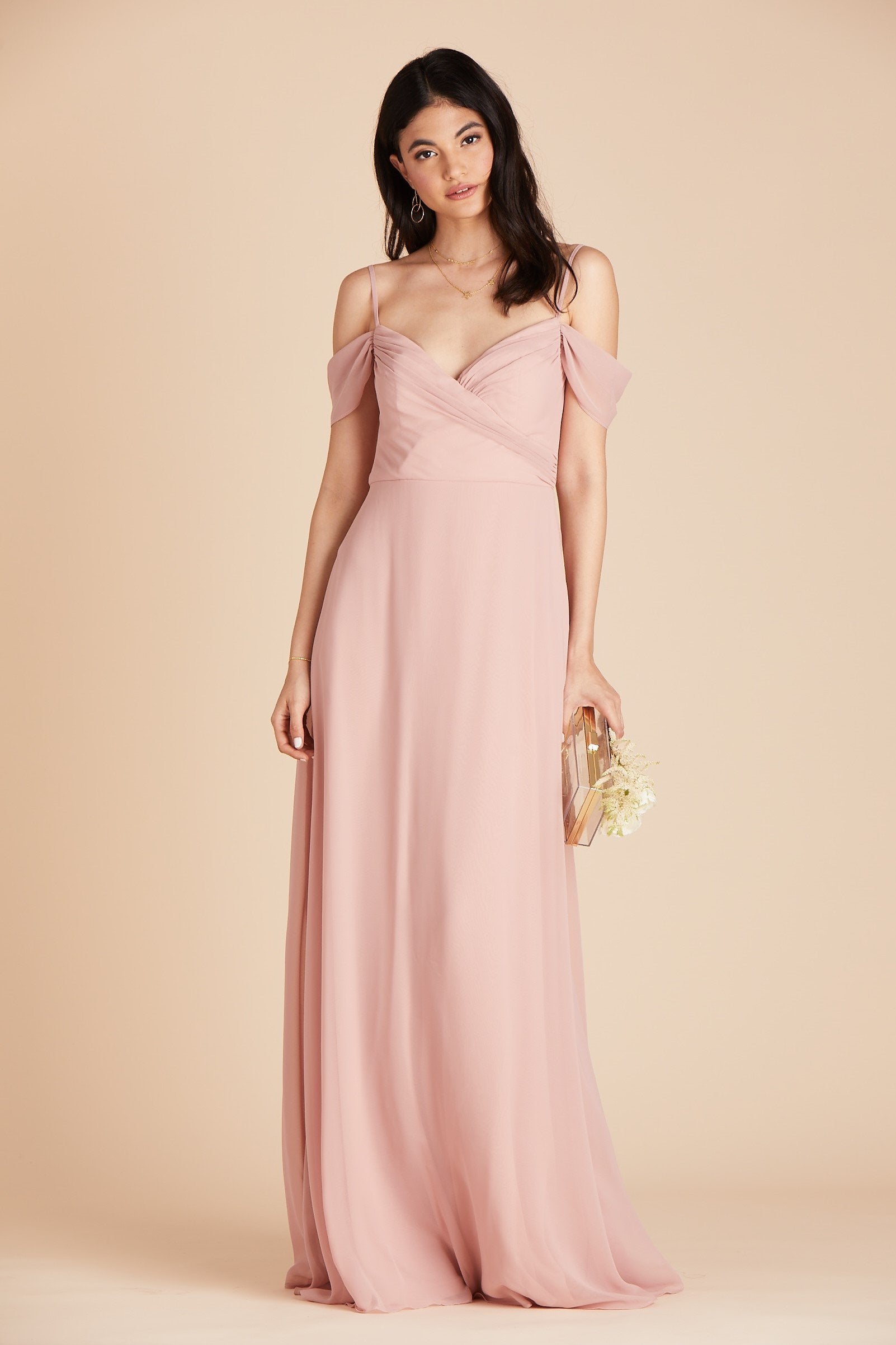 Front view of the Spence Convertible Dress in dusty rose chiffon worn by a slender model with a light skin tone. 