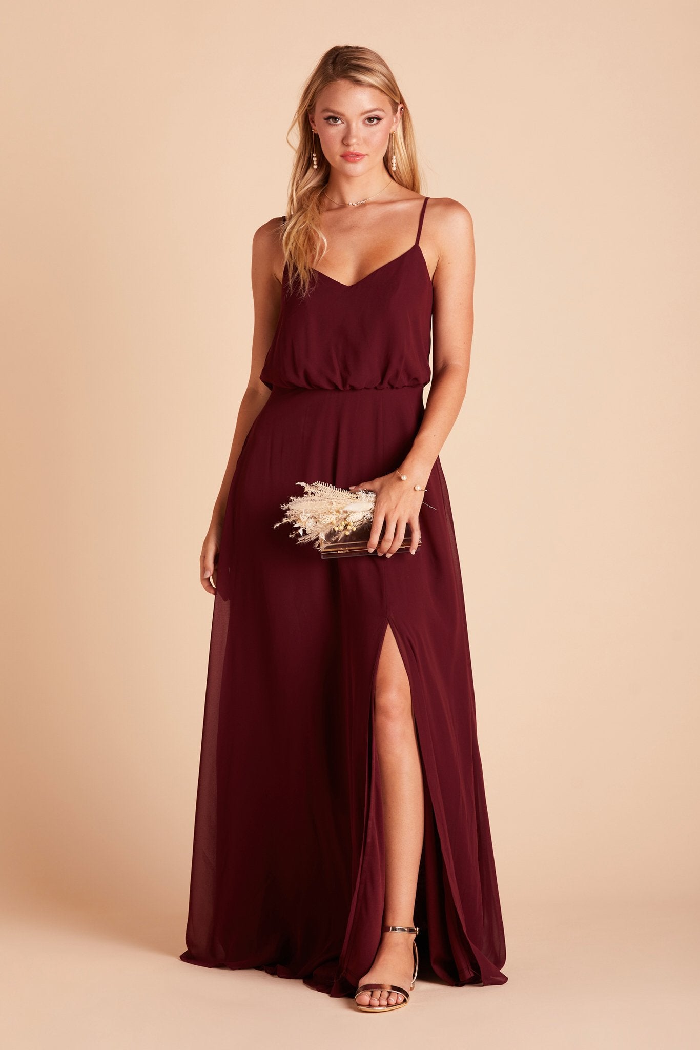 Gwennie bridesmaid dress with slit in cabernet burgundy chiffon by Birdy Grey, front view