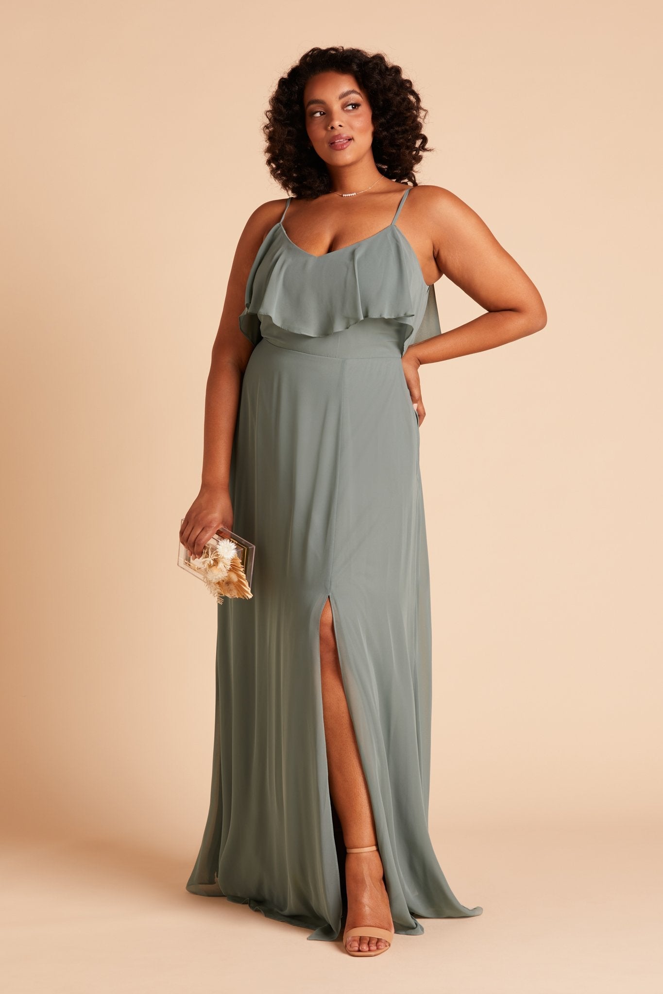 Jane convertible plus size bridesmaid dress with slit in sea glass green chiffon by Birdy Grey, front view