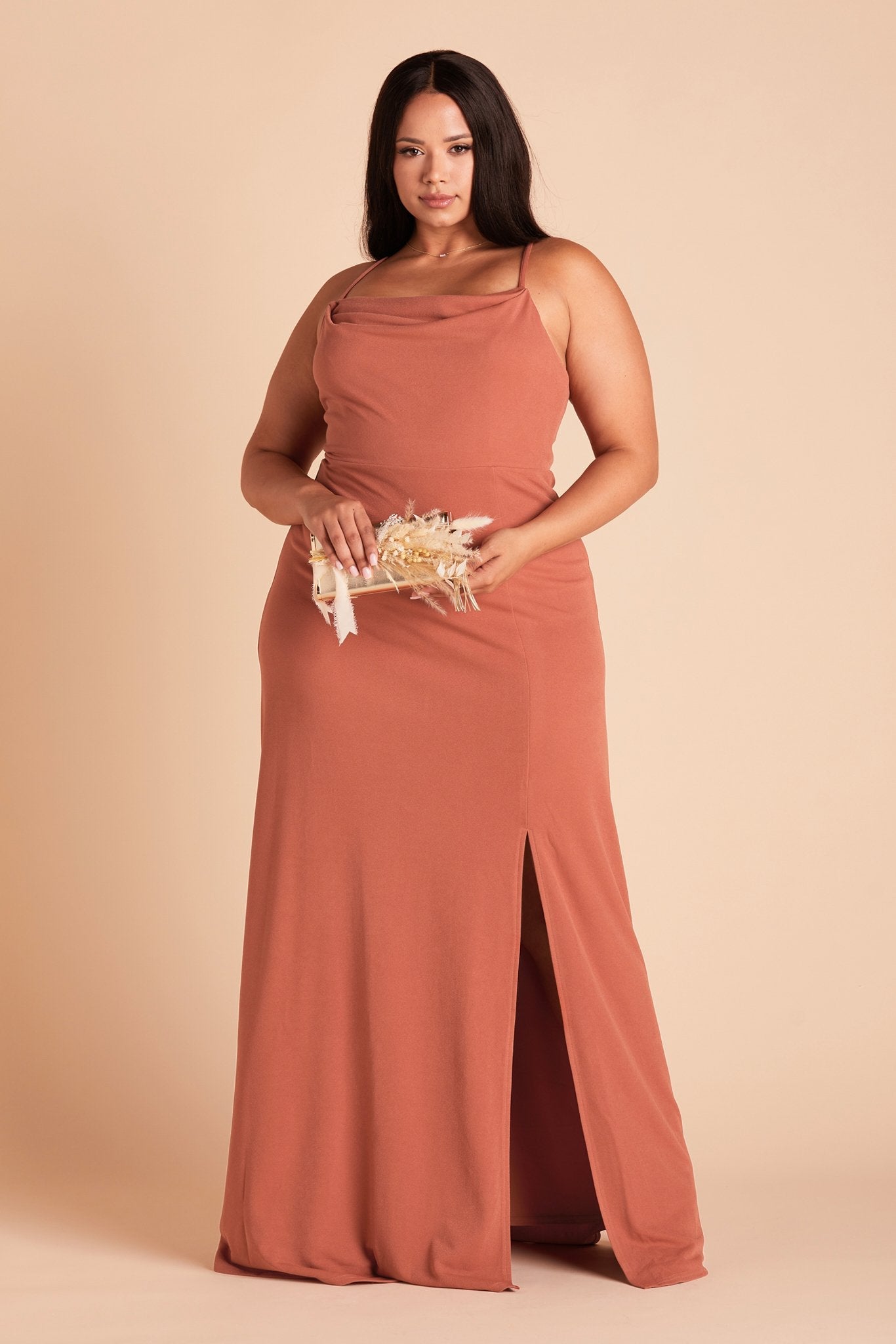 Ash plus size bridesmaid dress with slit in terracotta crepe by Birdy Grey, front view