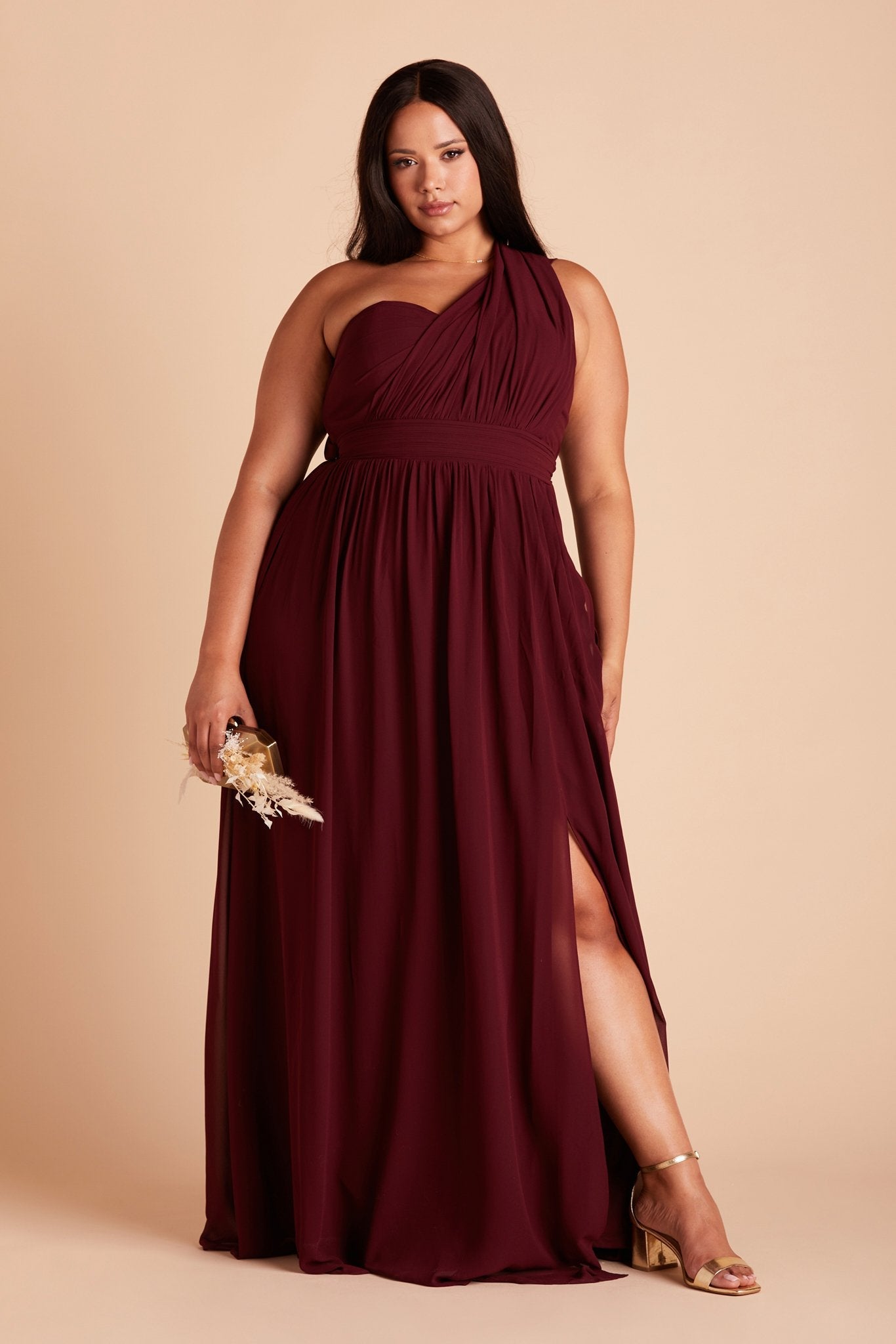 Grace convertible plus size bridesmaid dress with slit in cabernet burgundy chiffon by Birdy Grey, front view