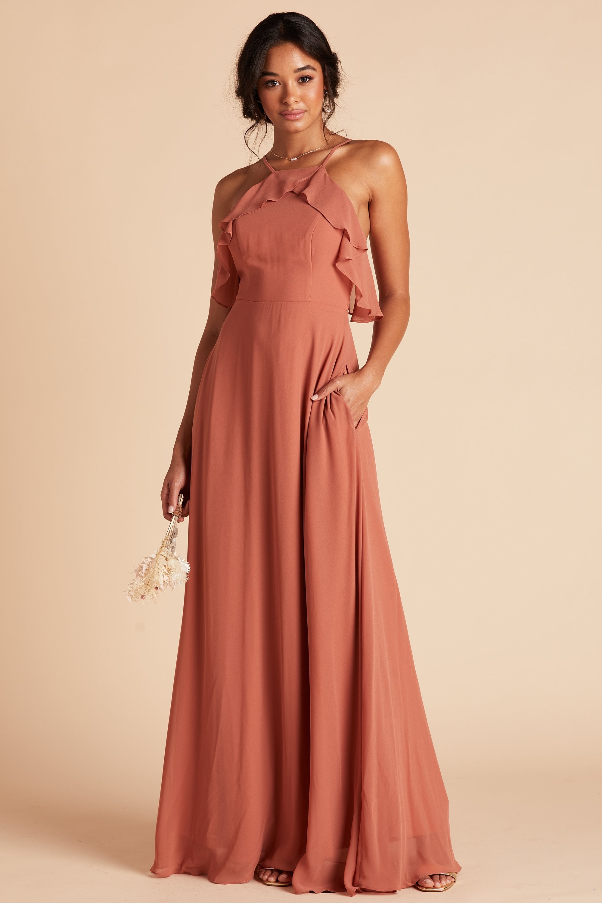 Front view of the Jules Dress in terracotta chiffon worn by a slender model with a medium skin tone.