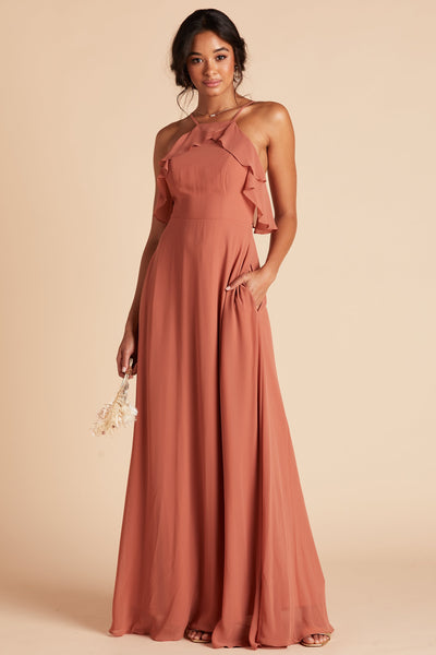 Jules bridesmaid dress in terracotta orange chiffon by Birdy Grey, front view