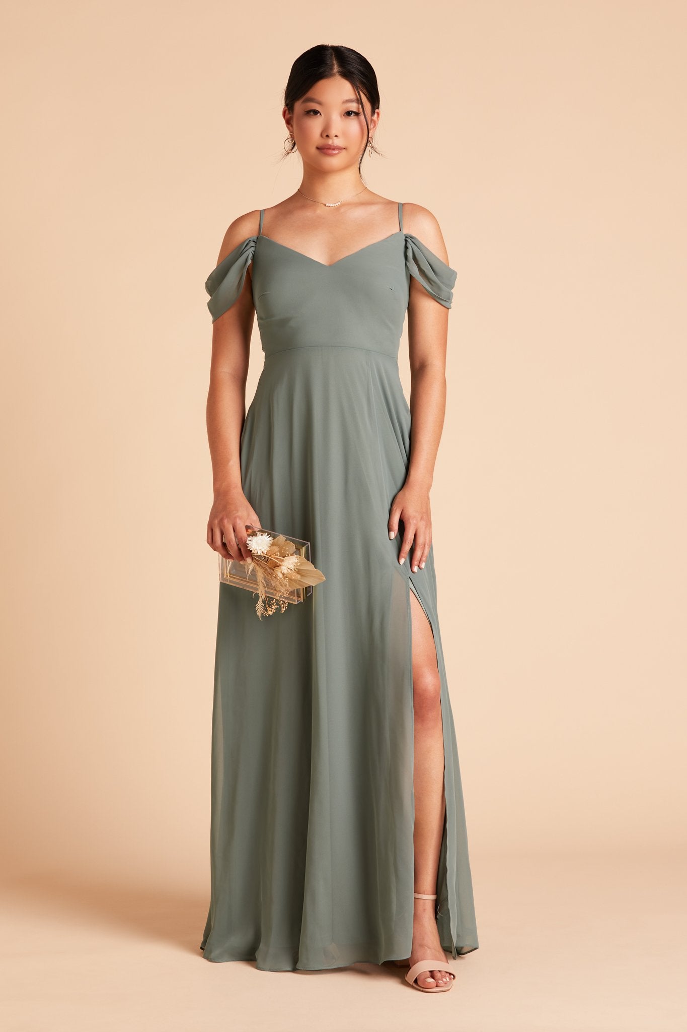 Devin convertible bridesmaids dress with slit in sea glass green chiffon by Birdy Grey, front view