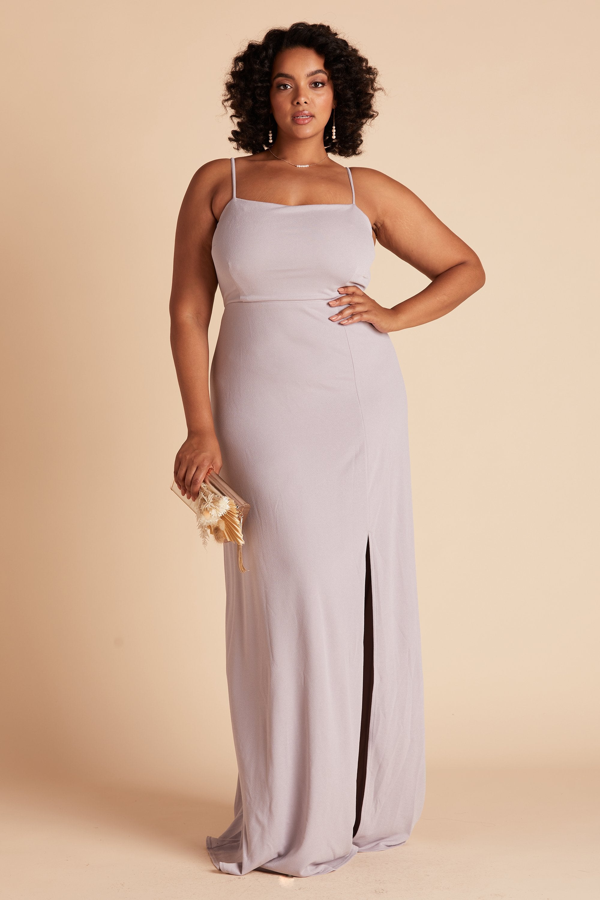Benny plus size bridesmaid dress with slit in lilac purple crepe by Birdy Grey, front view