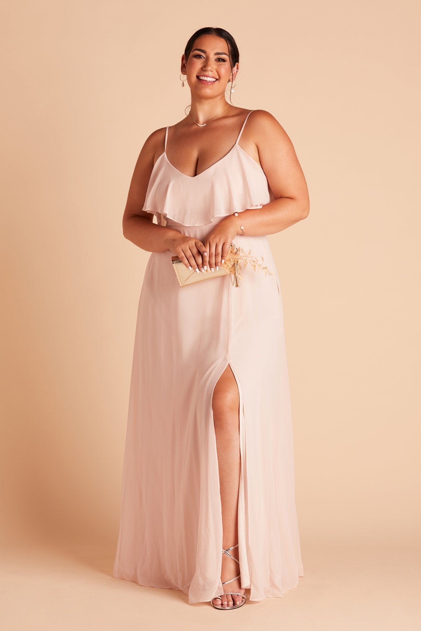 Jane convertible plus size bridesmaid dress with slit in pale blush chiffon by Birdy Grey, front view