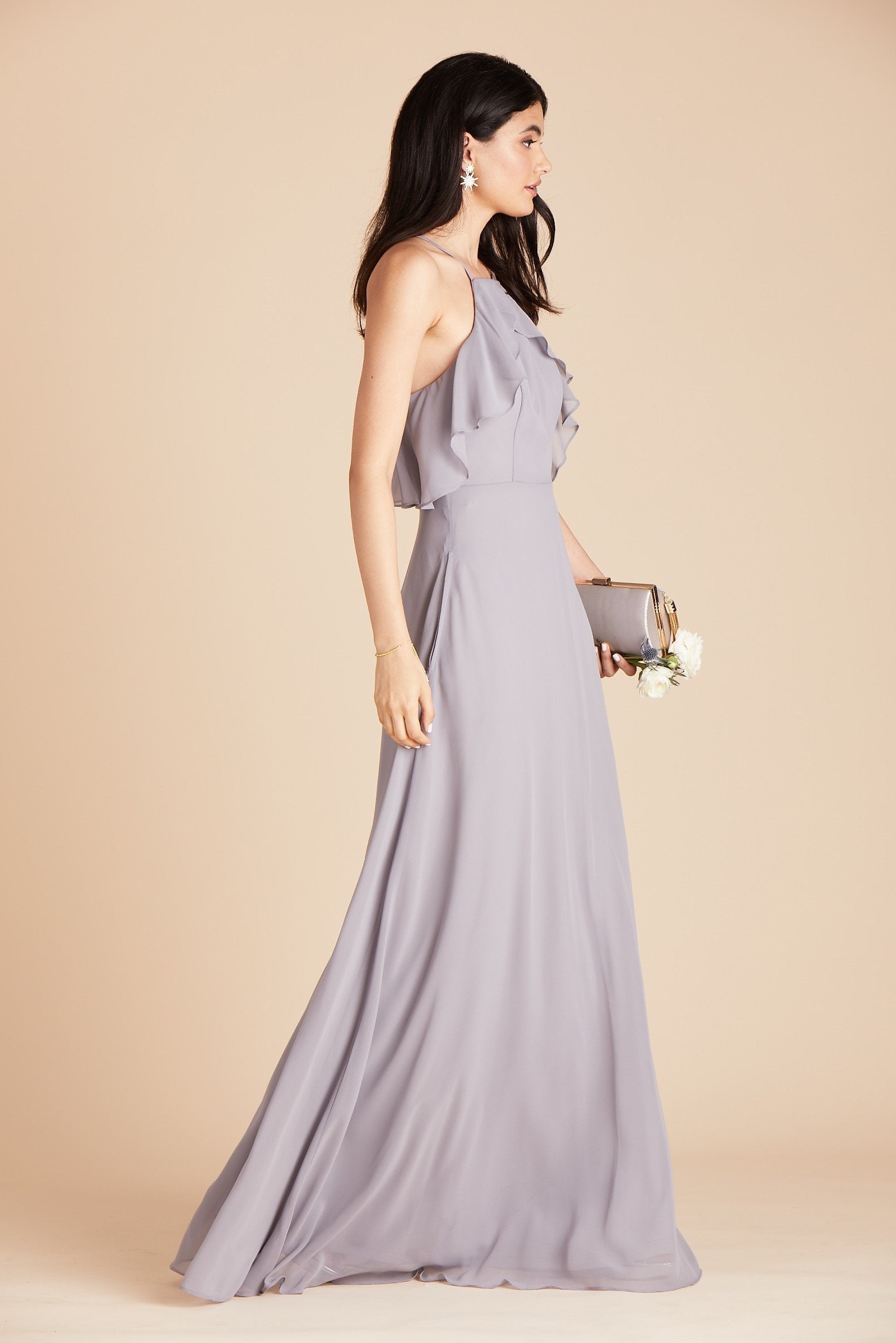 Jules bridesmaid dress in silver chiffon by Birdy Grey, side view