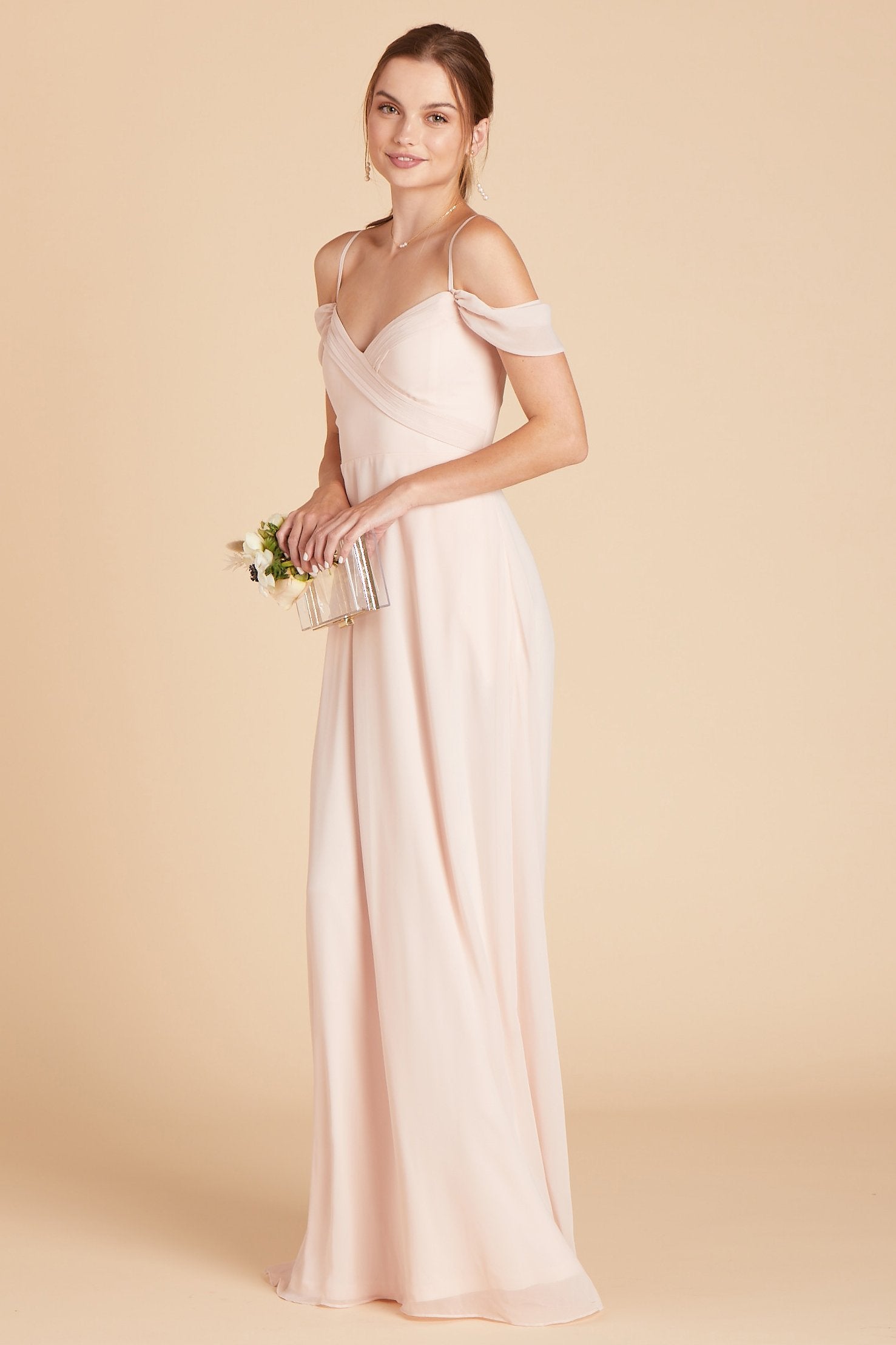 Spence convertible bridesmaid dress in pale blush chiffon by Birdy Grey, side view