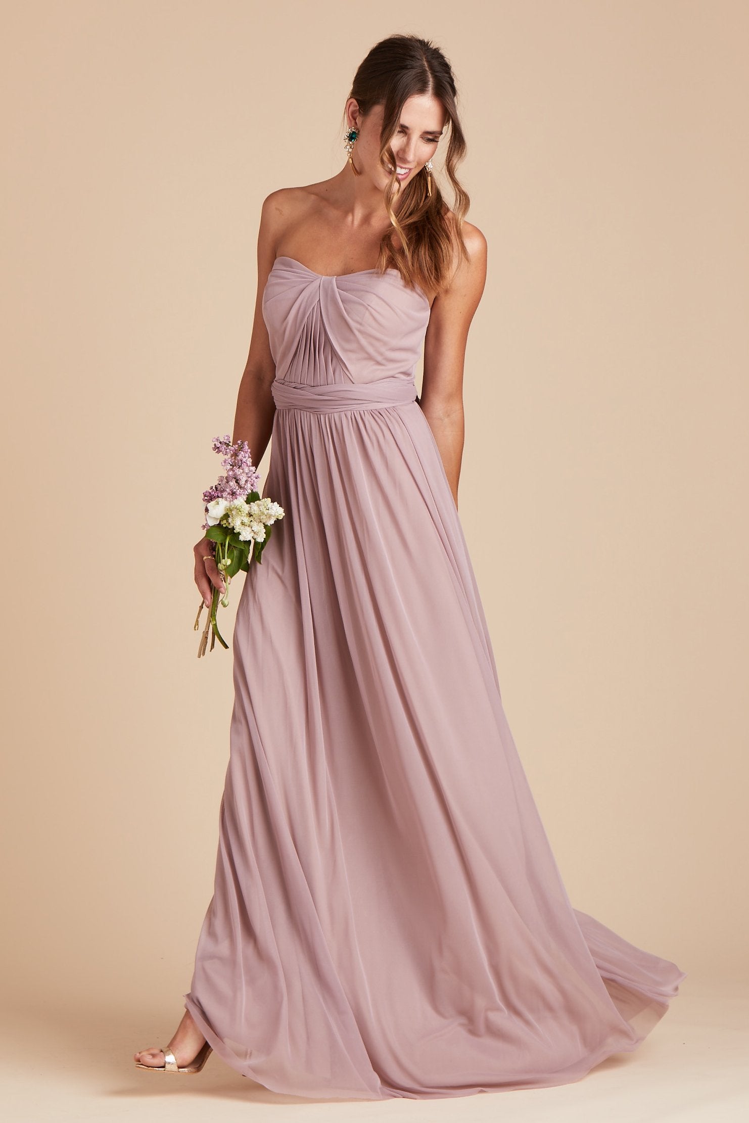 Chicky convertible bridesmaid dress in mauve purple mesh by Birdy Grey, front view