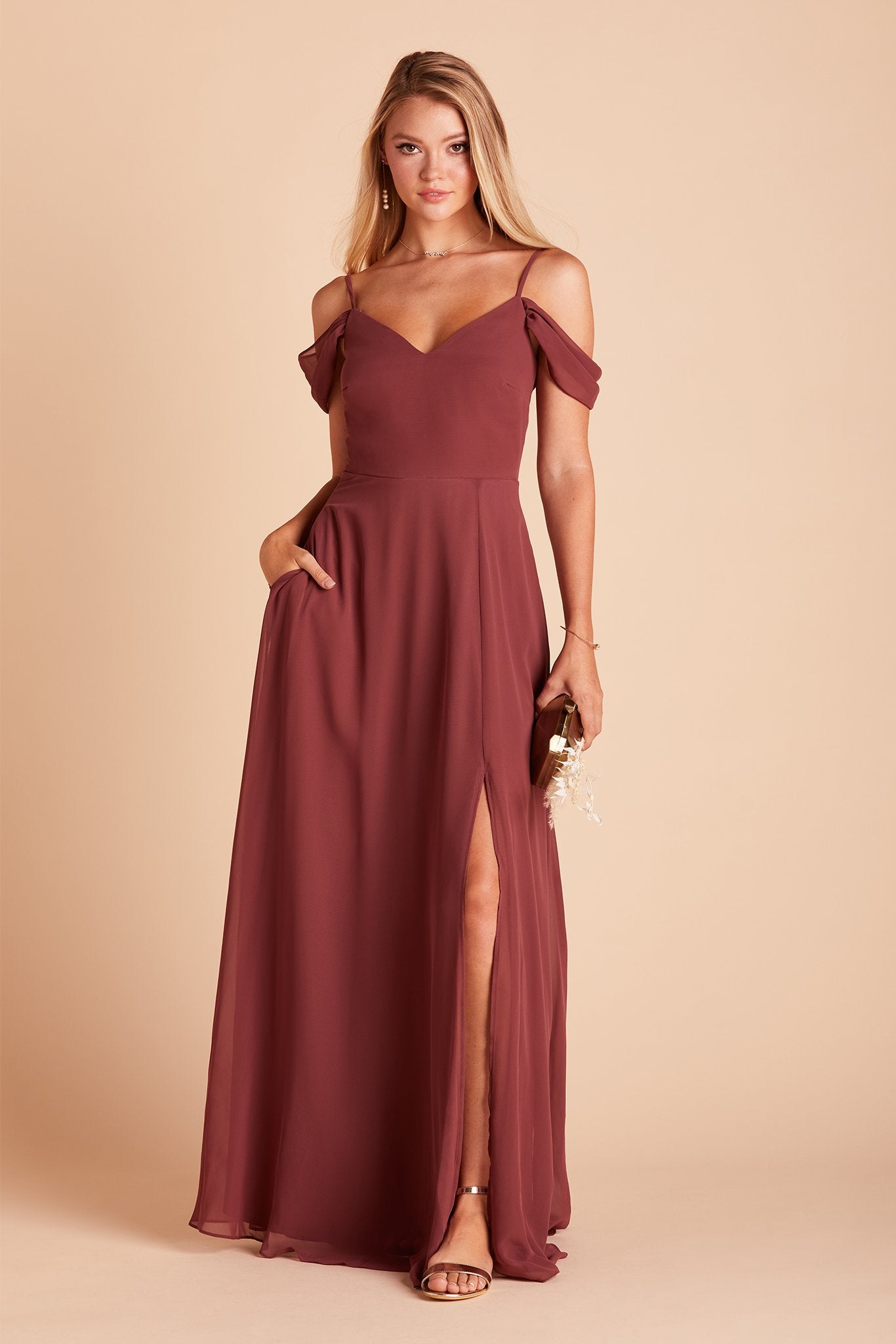 Devin convertible bridesmaids dress with slit in rosewood chiffon by Birdy Grey, front view with hand in pocket