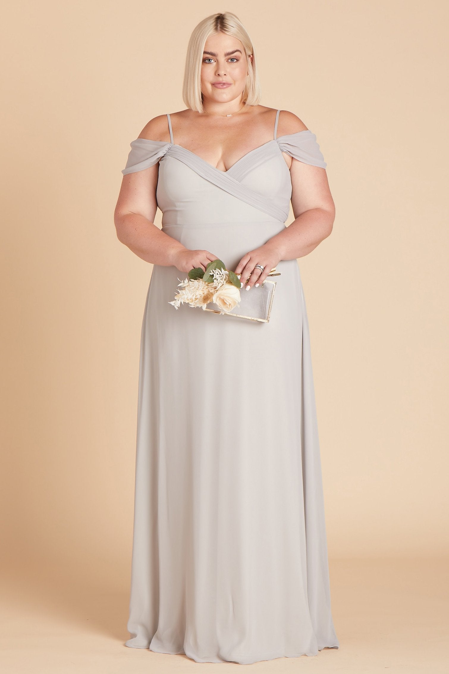 Spence convertible plus size bridesmaid dress in silver chiffon by Birdy Grey, front view