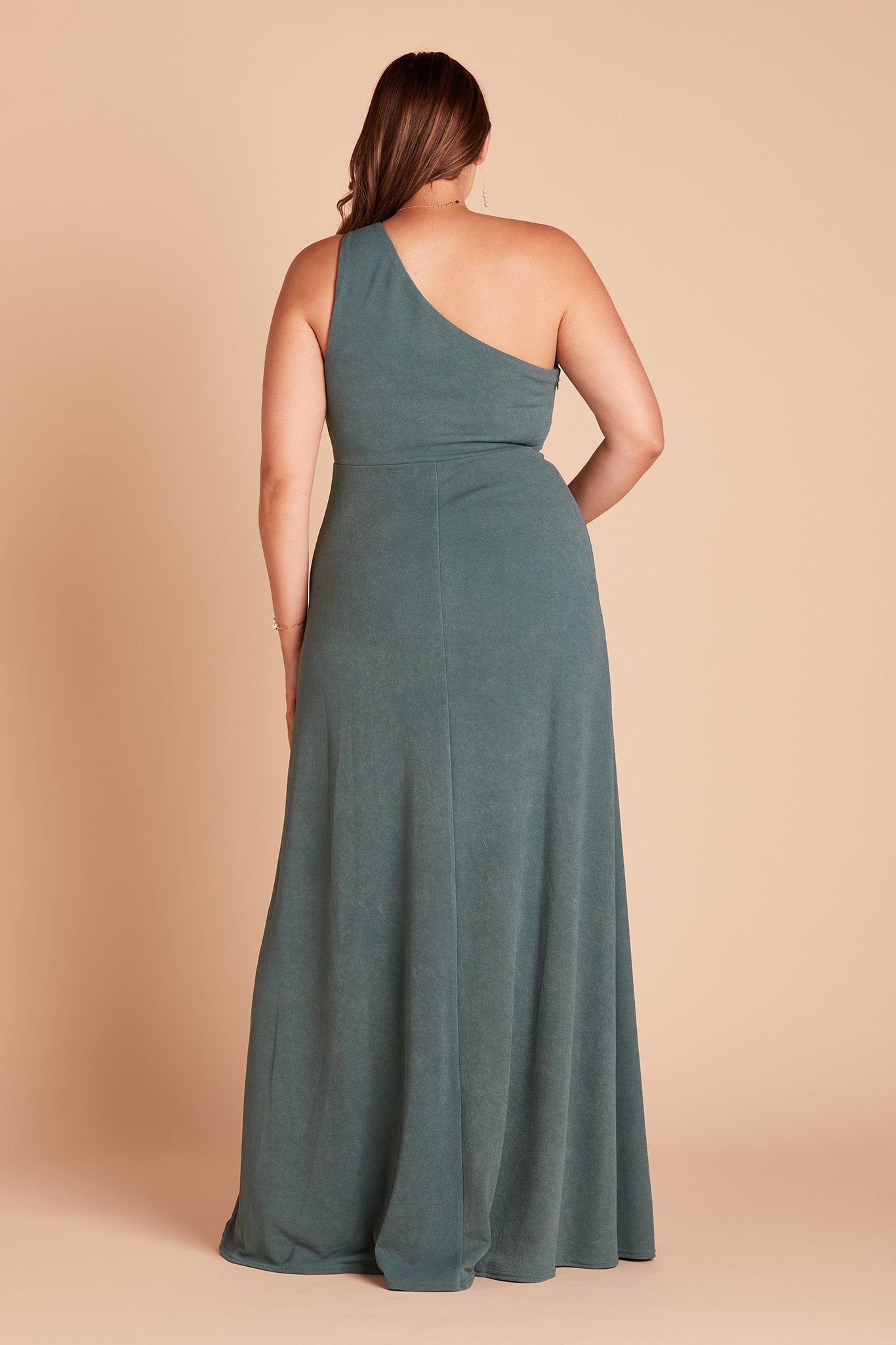 Kira plus size bridesmaid dress with slit in sea glass green crepe by Birdy Grey, back view