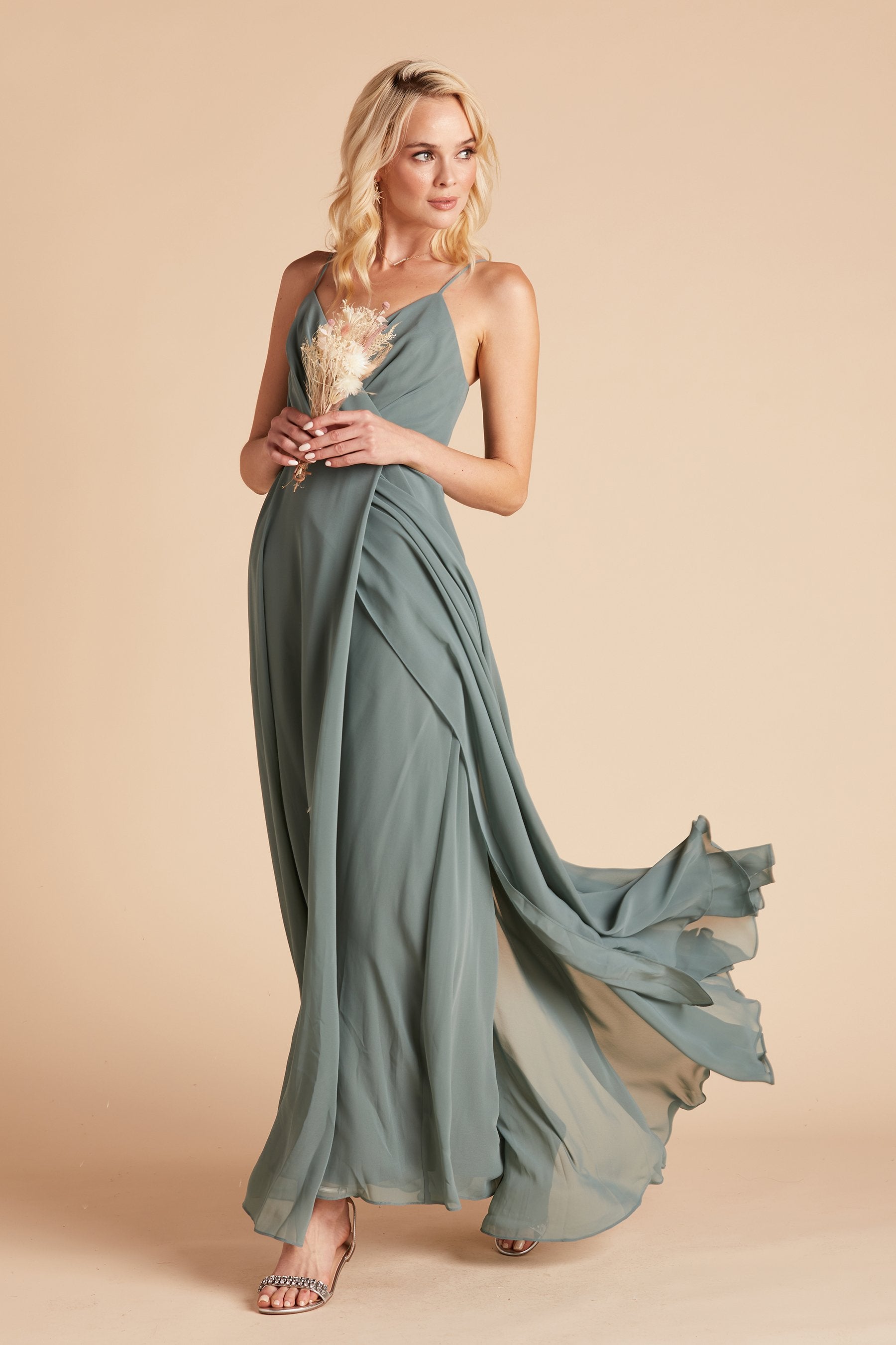 Front view of the Kaia Dress in sea glass chiffon worn by a slender model with a light skin tone. 