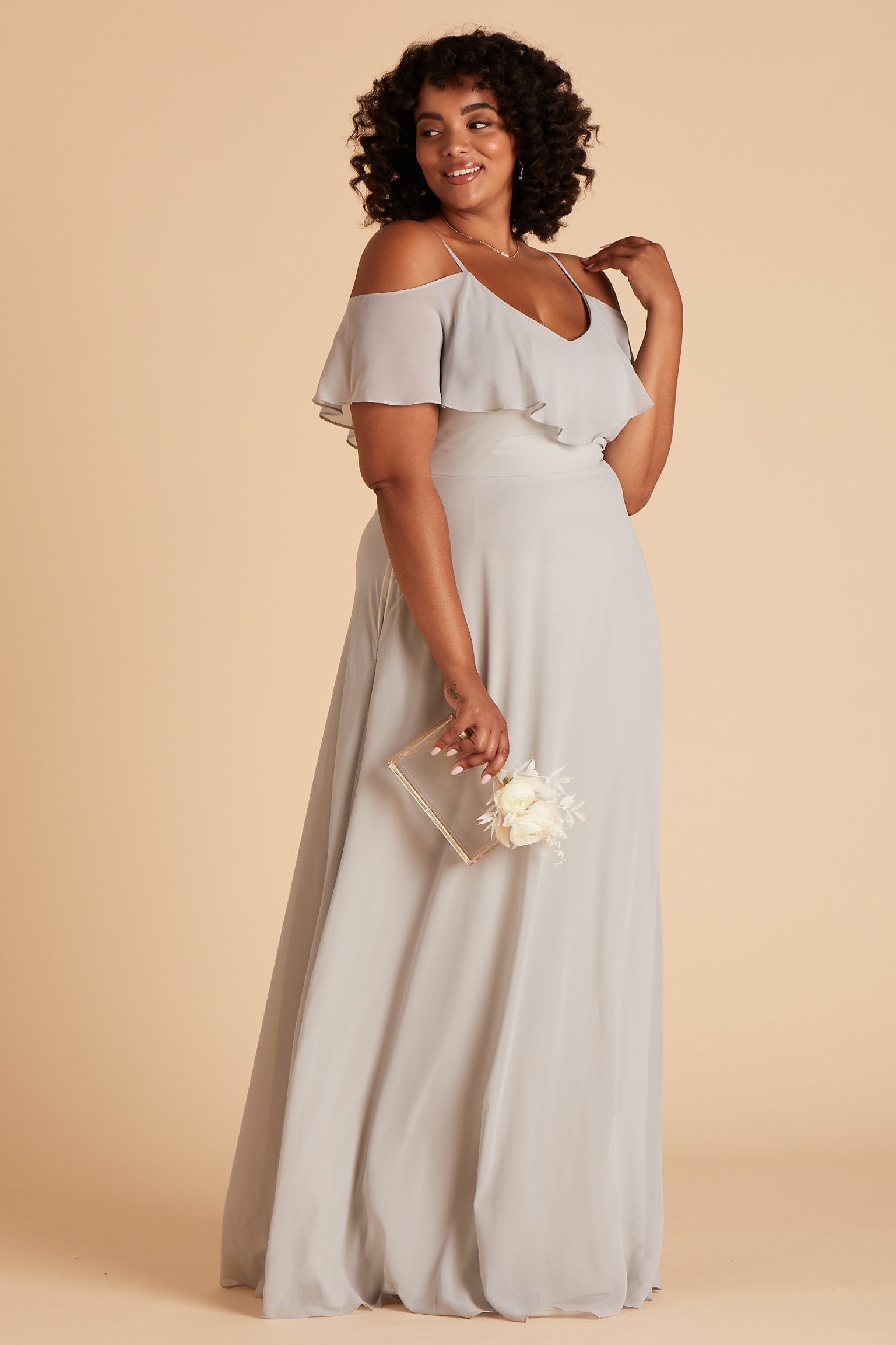 Jane convertible plus size bridesmaid dress in dove gray chiffon by Birdy Grey, side view