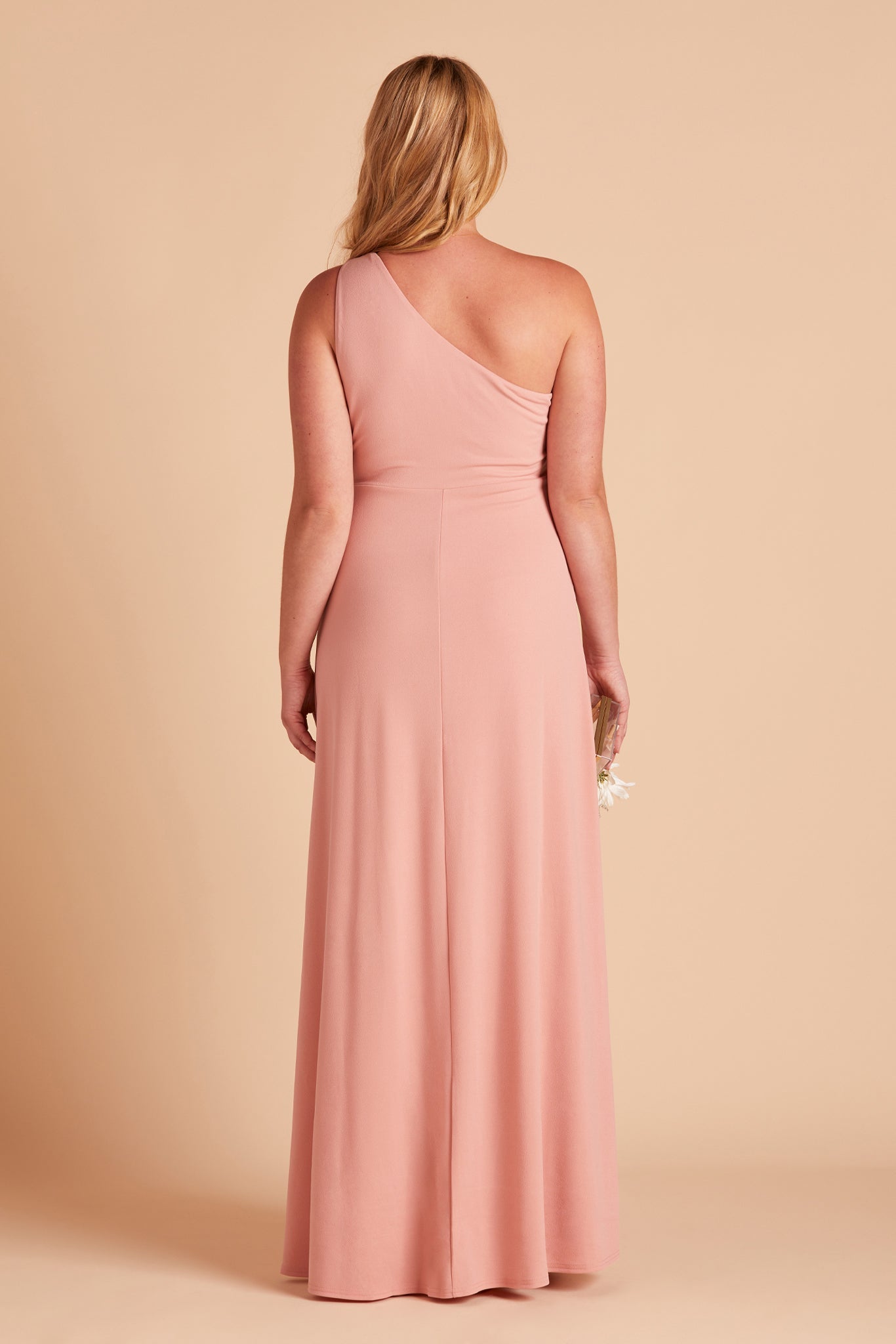 Kira plus size bridesmaid dress with slit in dusty rose crepe by Birdy Grey, back view