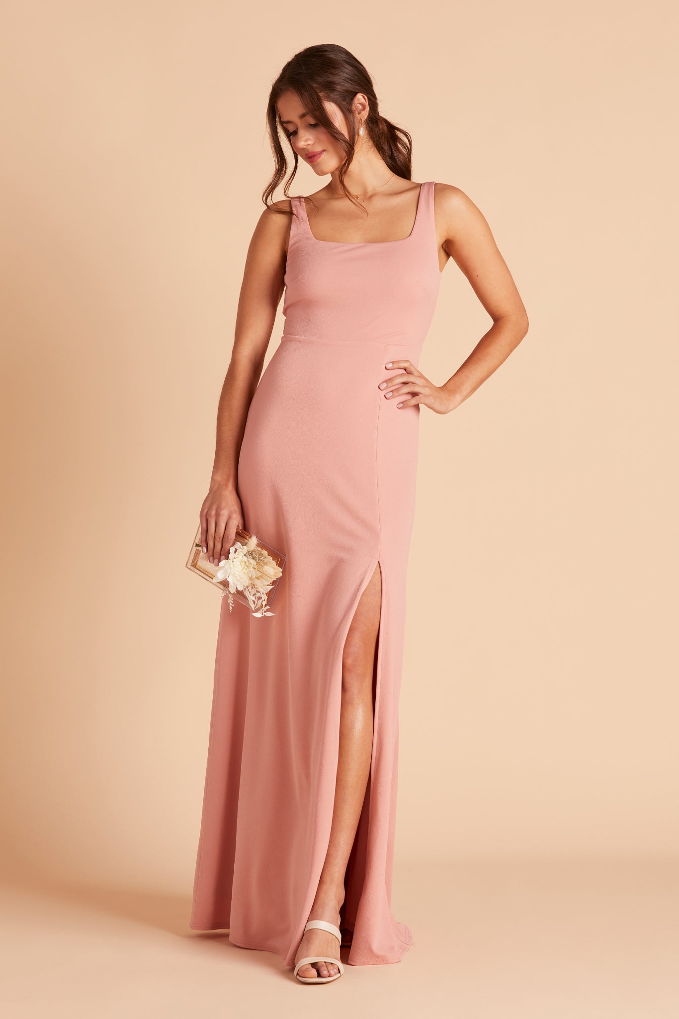 Alex convertible bridesmaid dress with slit in dusty rose crepe by Birdy Grey, front view