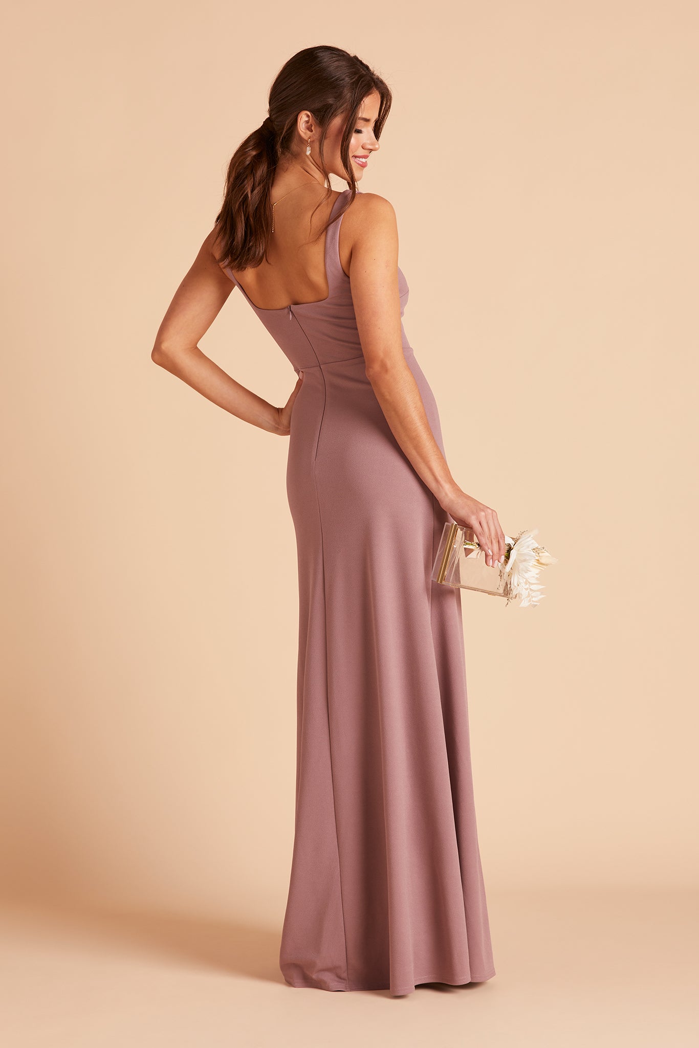Alex convertible bridesmaid dress with slit in dark mauve crepe by Birdy Grey, side view