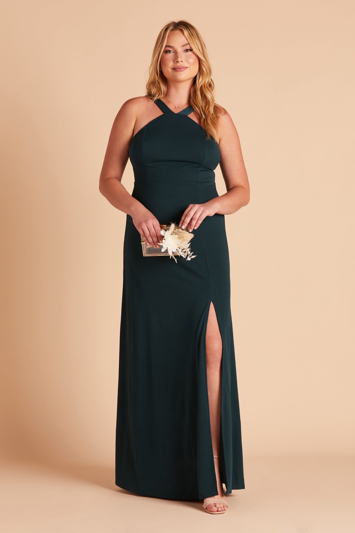 Gene plus size bridesmaid dress with slit in emerald green crepe by Birdy Grey, front view