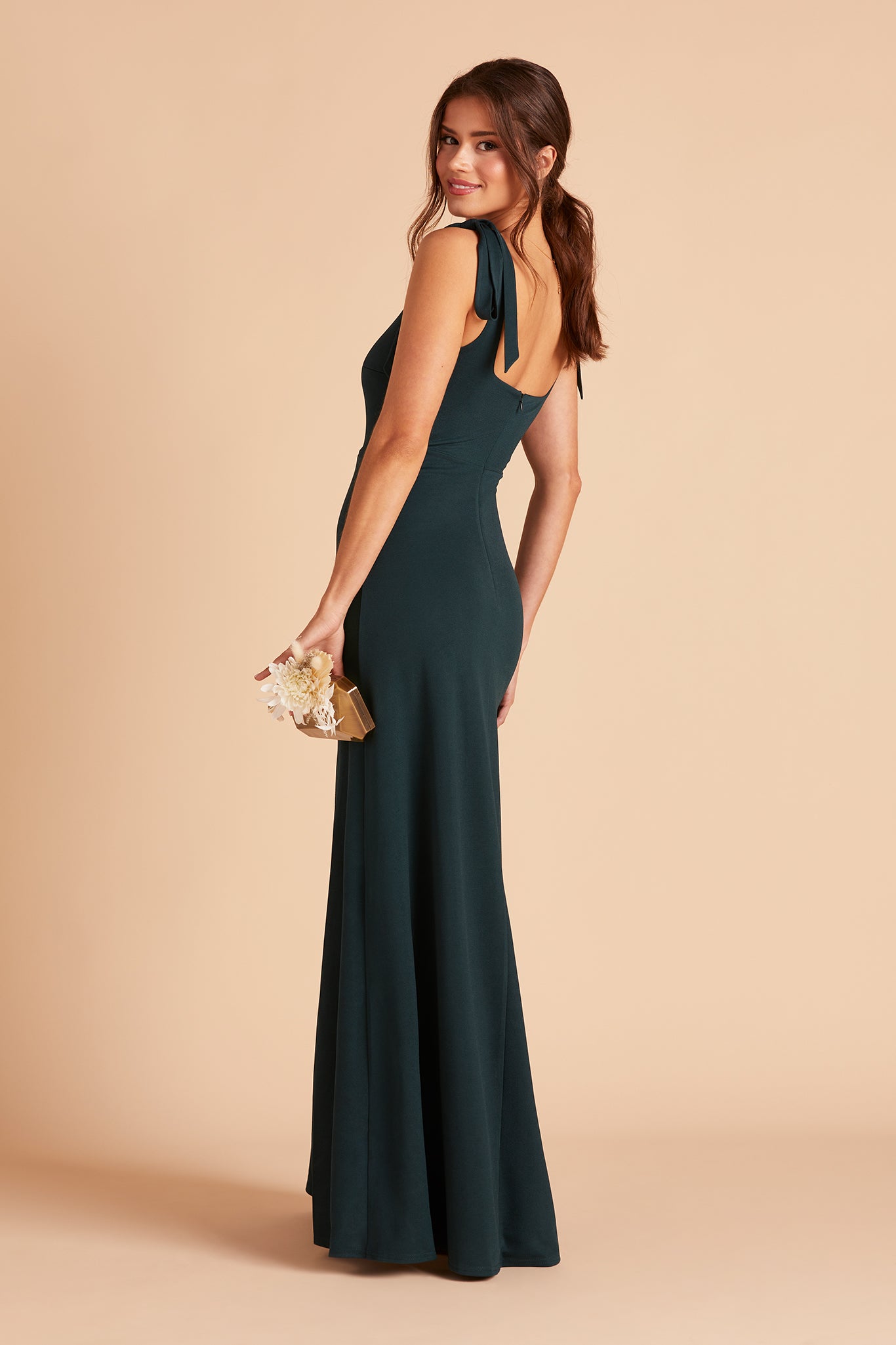 Alex convertible bridesmaid dress with slit in emerald crepe by Birdy Grey, side view
