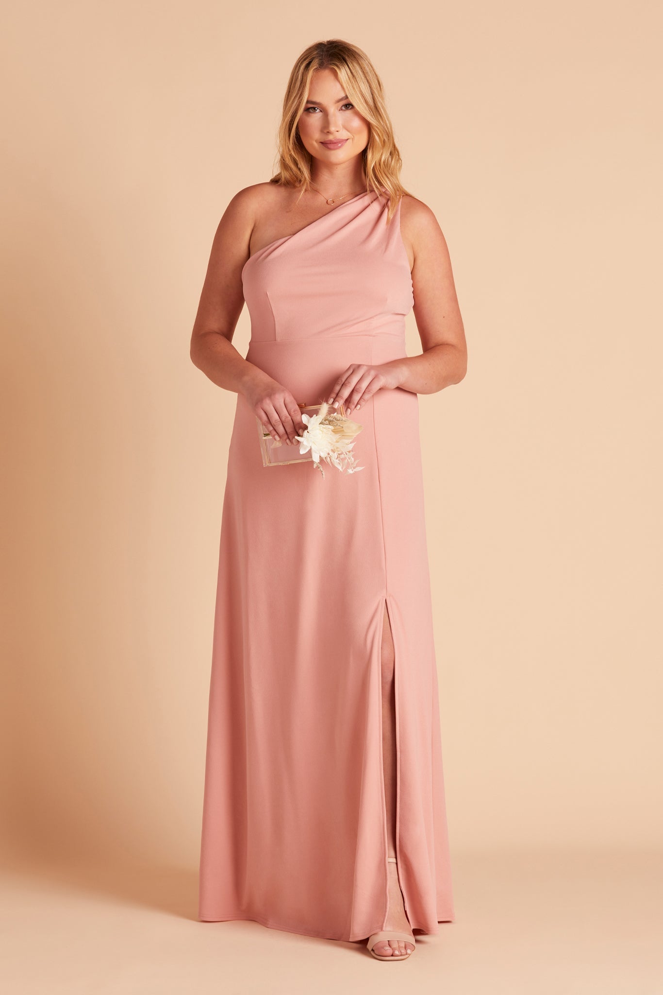 Kira plus size bridesmaid dress with slit in dusty rose crepe by Birdy Grey, front view