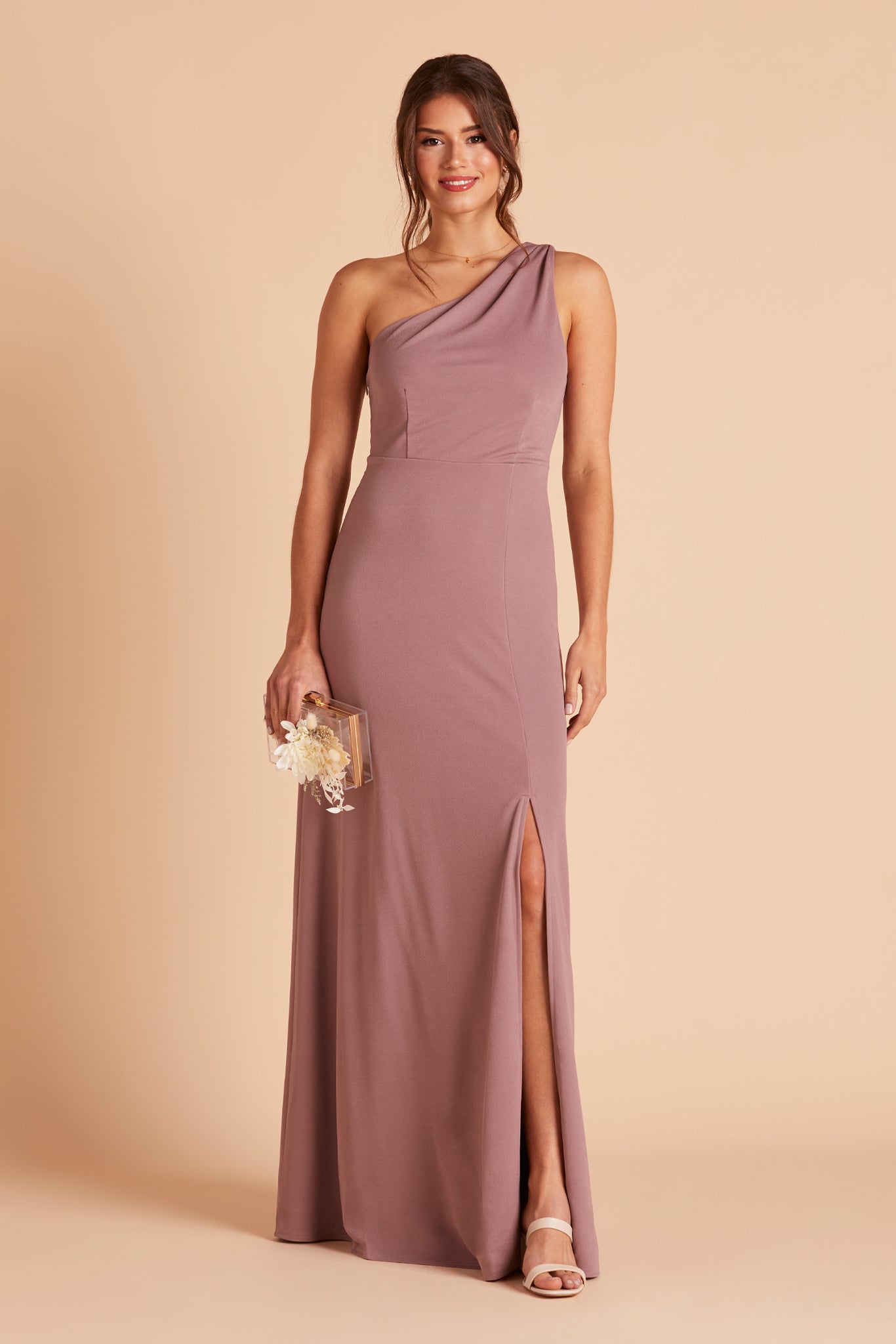 Kira bridesmaid dress with slit in dark mauve crepe by Birdy Grey, front view