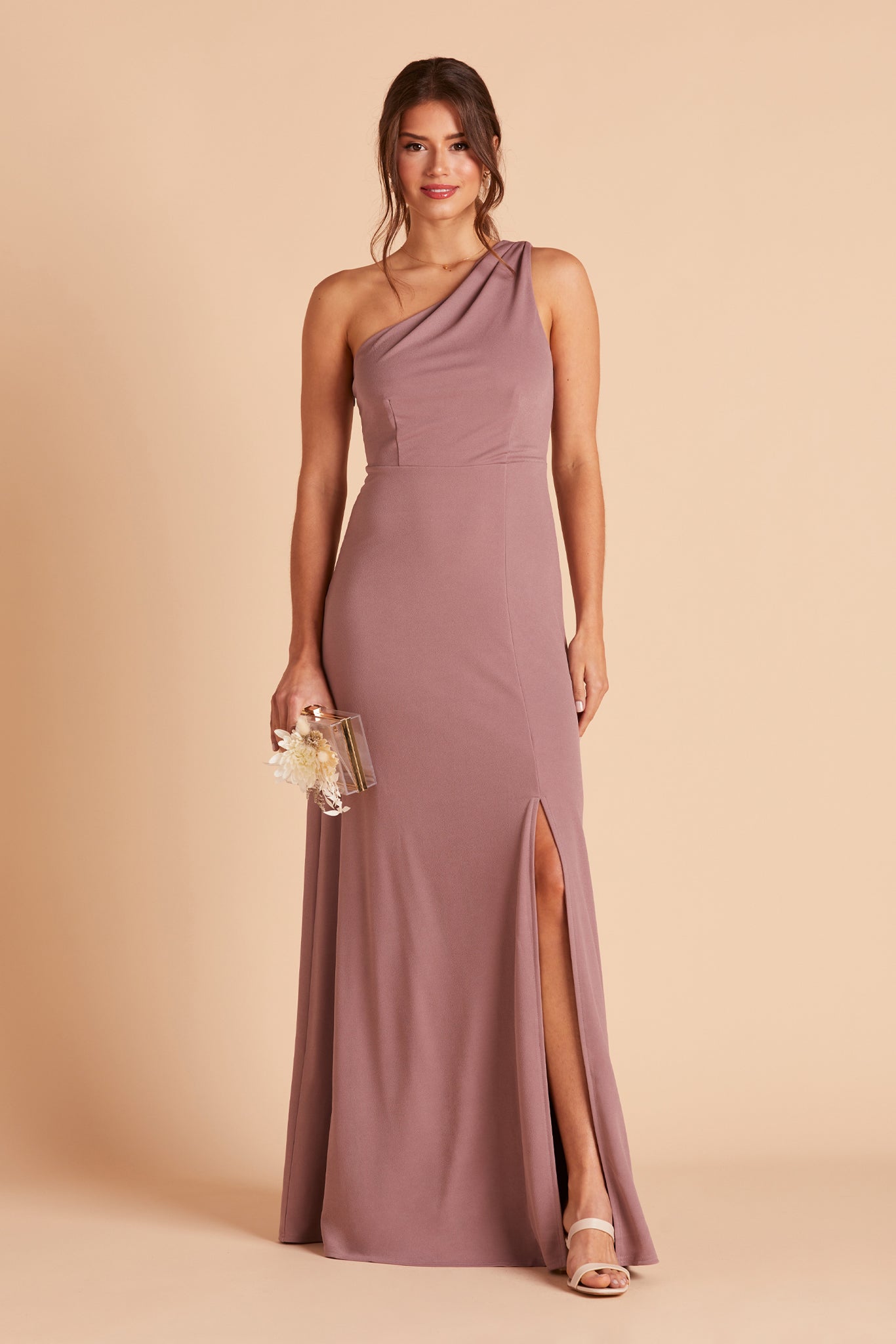 Kira bridesmaid dress with slit in dark mauve crepe by Birdy Grey, front view