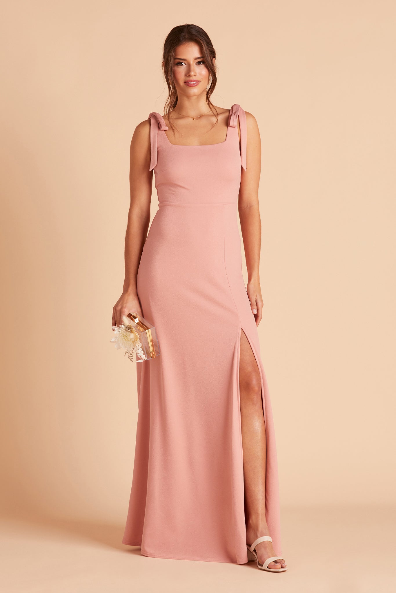 Alex convertible bridesmaid dress with slit in dusty rose crepe by Birdy Grey, front view