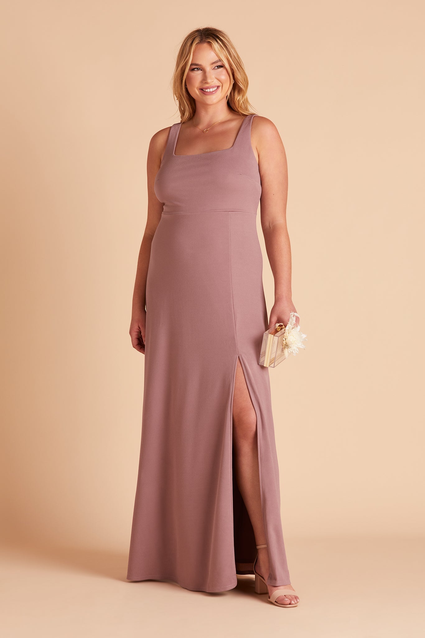 Alex convertible plus size bridesmaid dress with slit in dark mauve crepe by Birdy Grey, front view