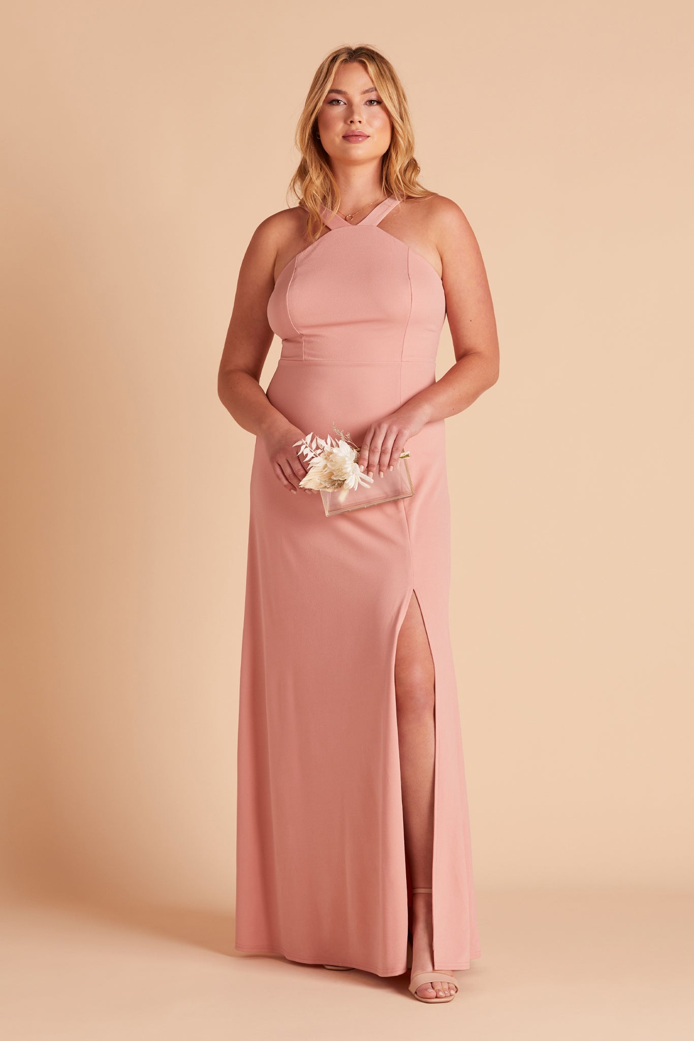 Gene plus size bridesmaid dress with slit in dusty rose crepe by Birdy Grey, front view