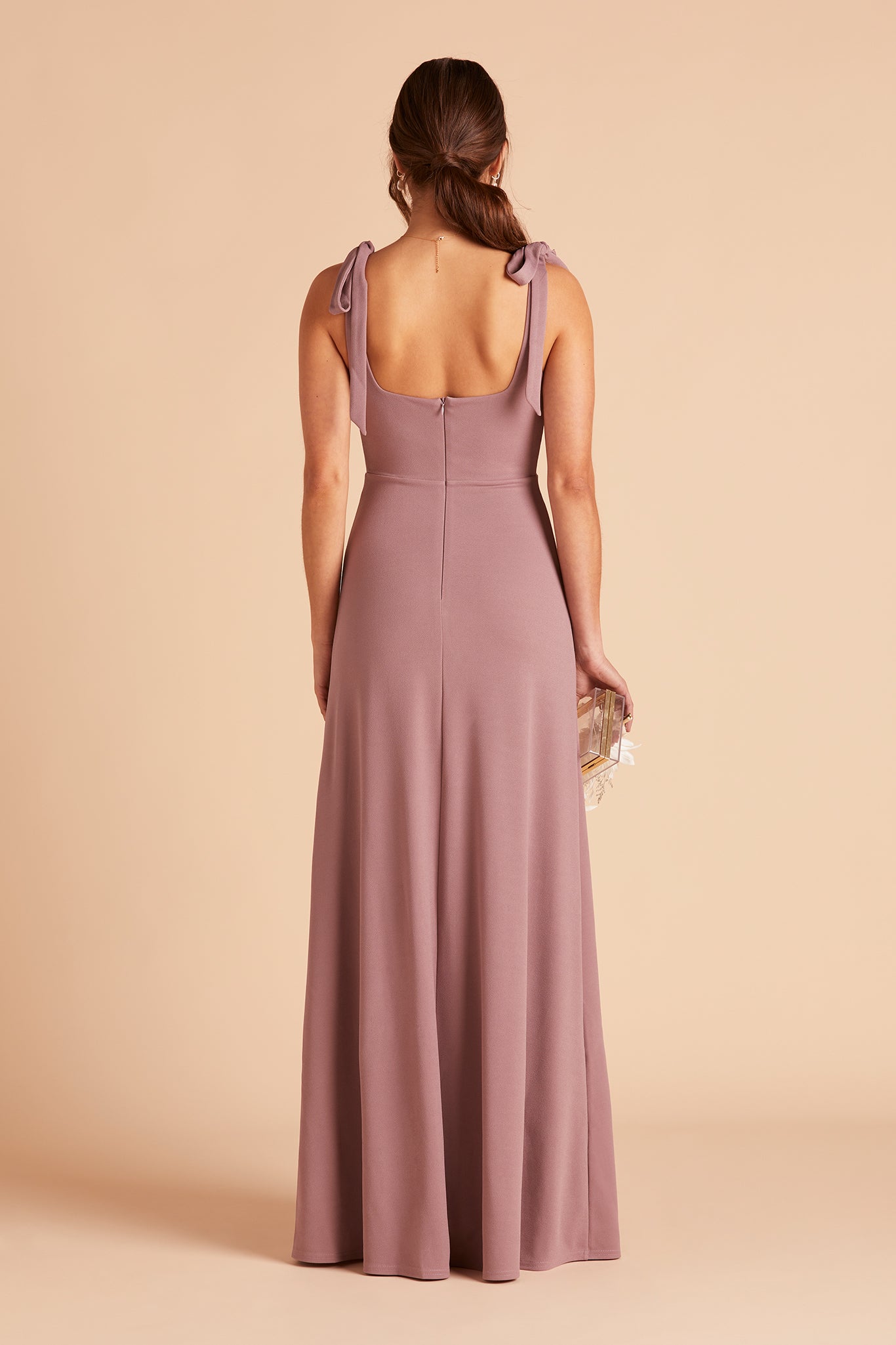 Alex convertible bridesmaid dress with slit in dark mauve crepe by Birdy Grey, back  view