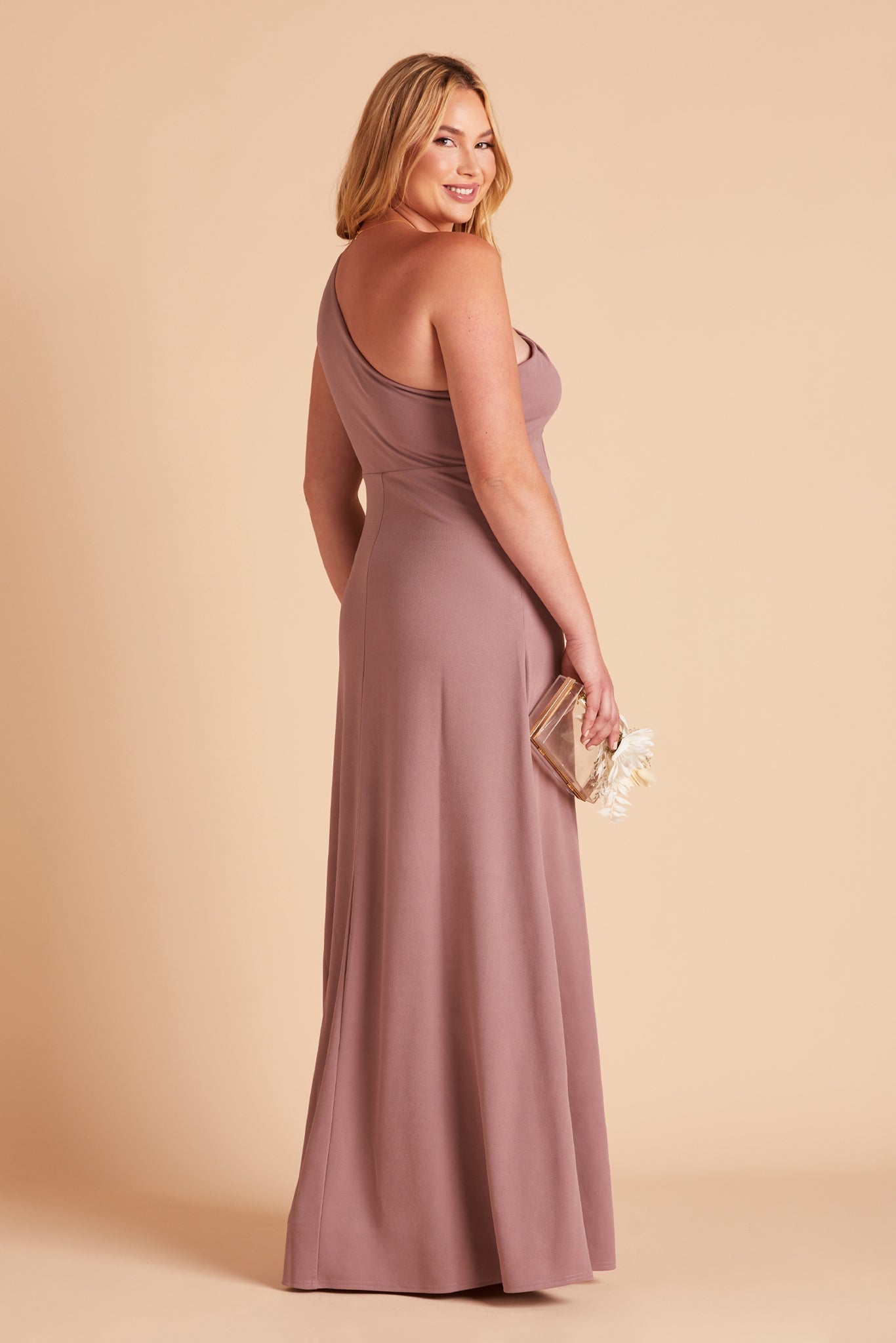 Kira plus size bridesmaid dress with slit in dark mauve crepe by Birdy Grey, side view