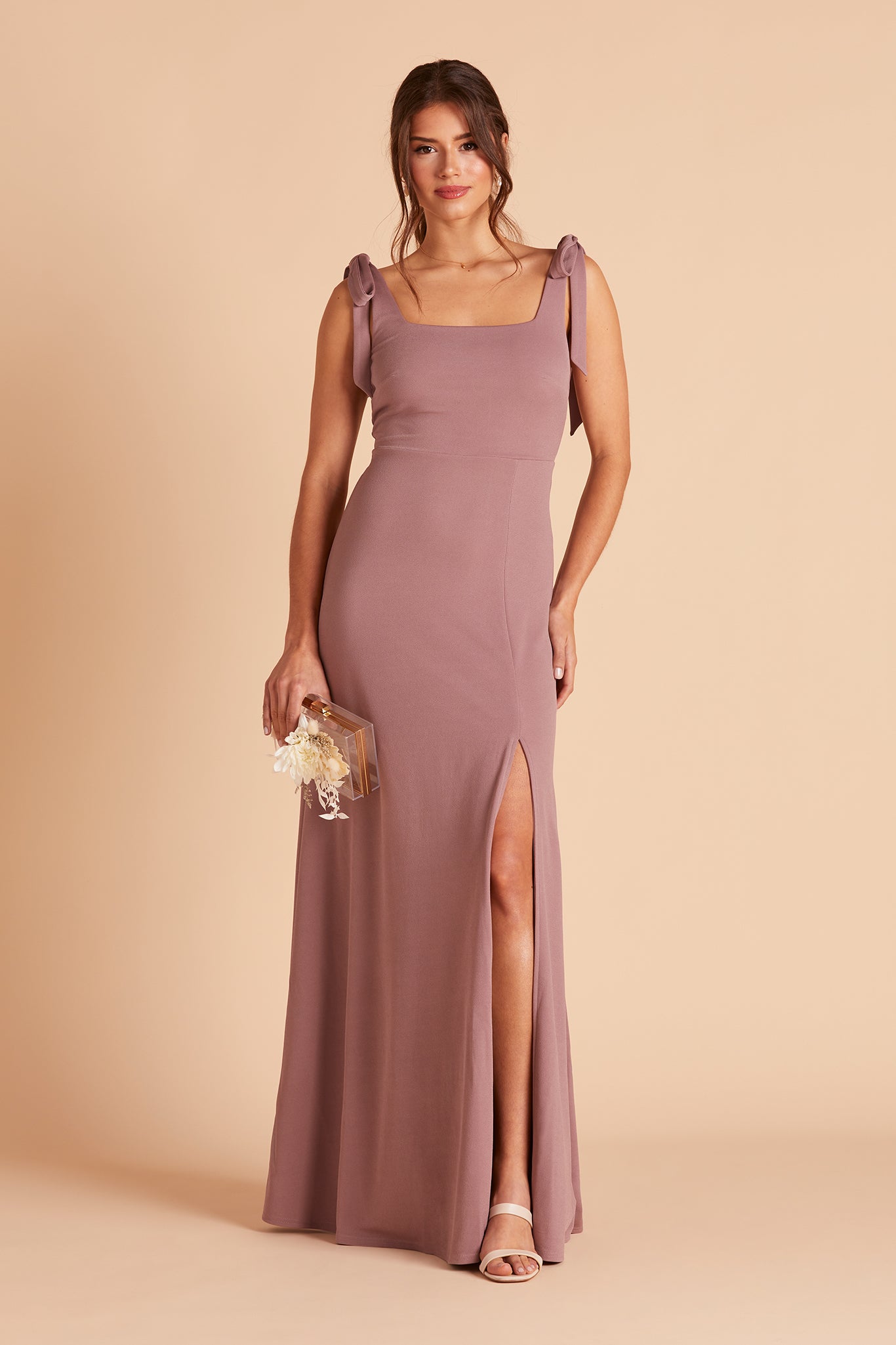 Alex convertible bridesmaid dress with slit in dark mauve crepe by Birdy Grey, front view