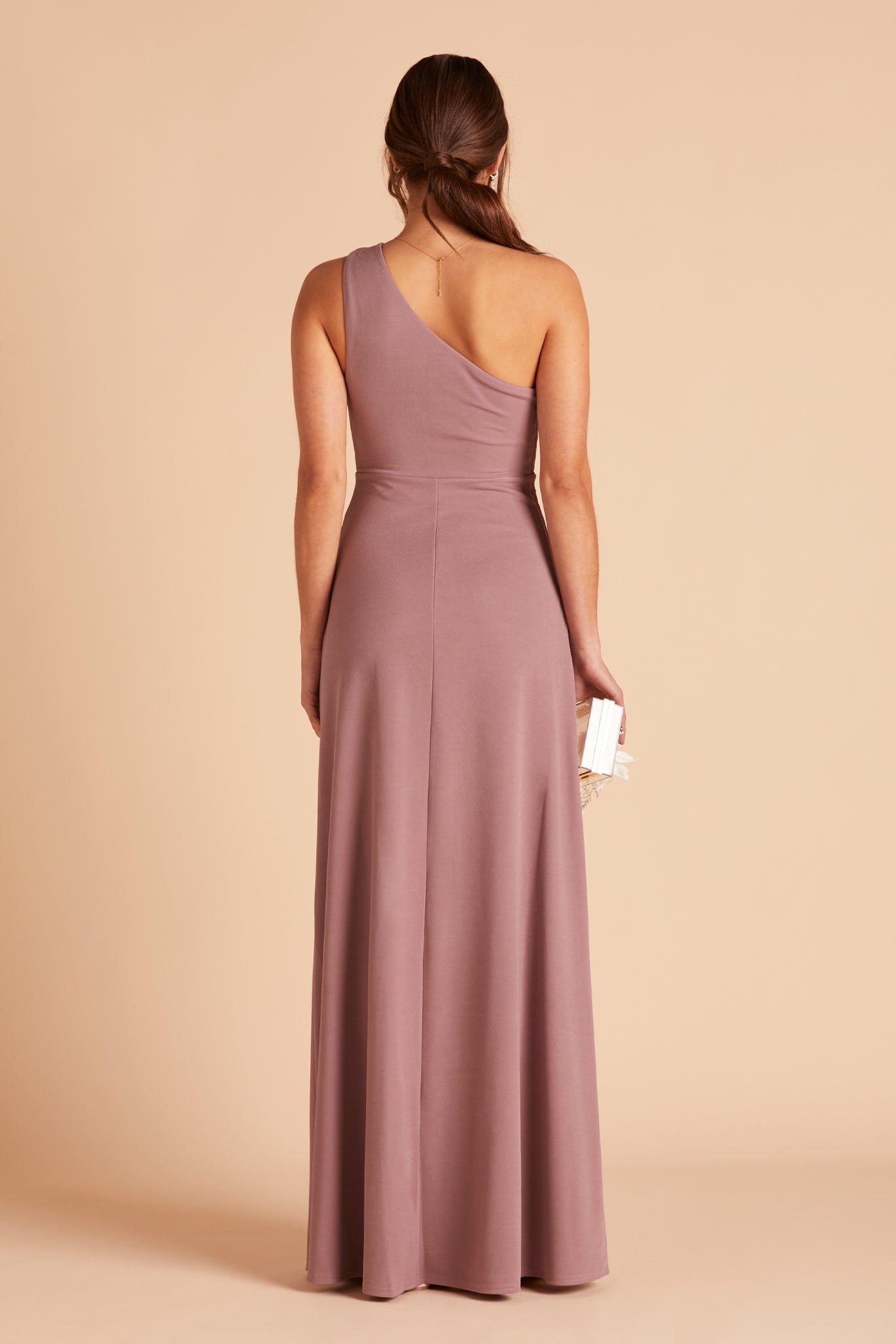 Kira bridesmaid dress with slit in dark mauve crepe by Birdy Grey, back view