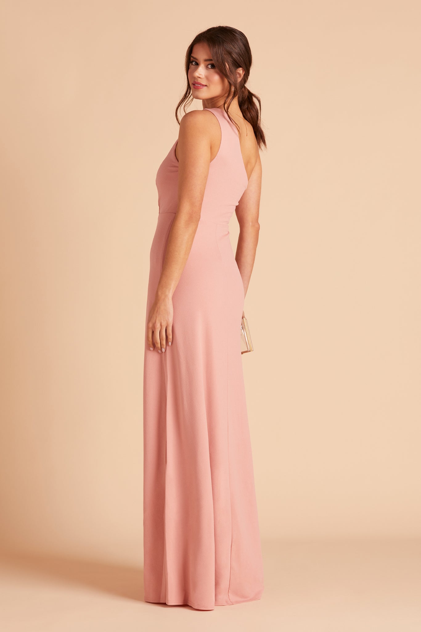 Kira bridesmaid dress with slit in dusty rose crepe by Birdy Grey, side view