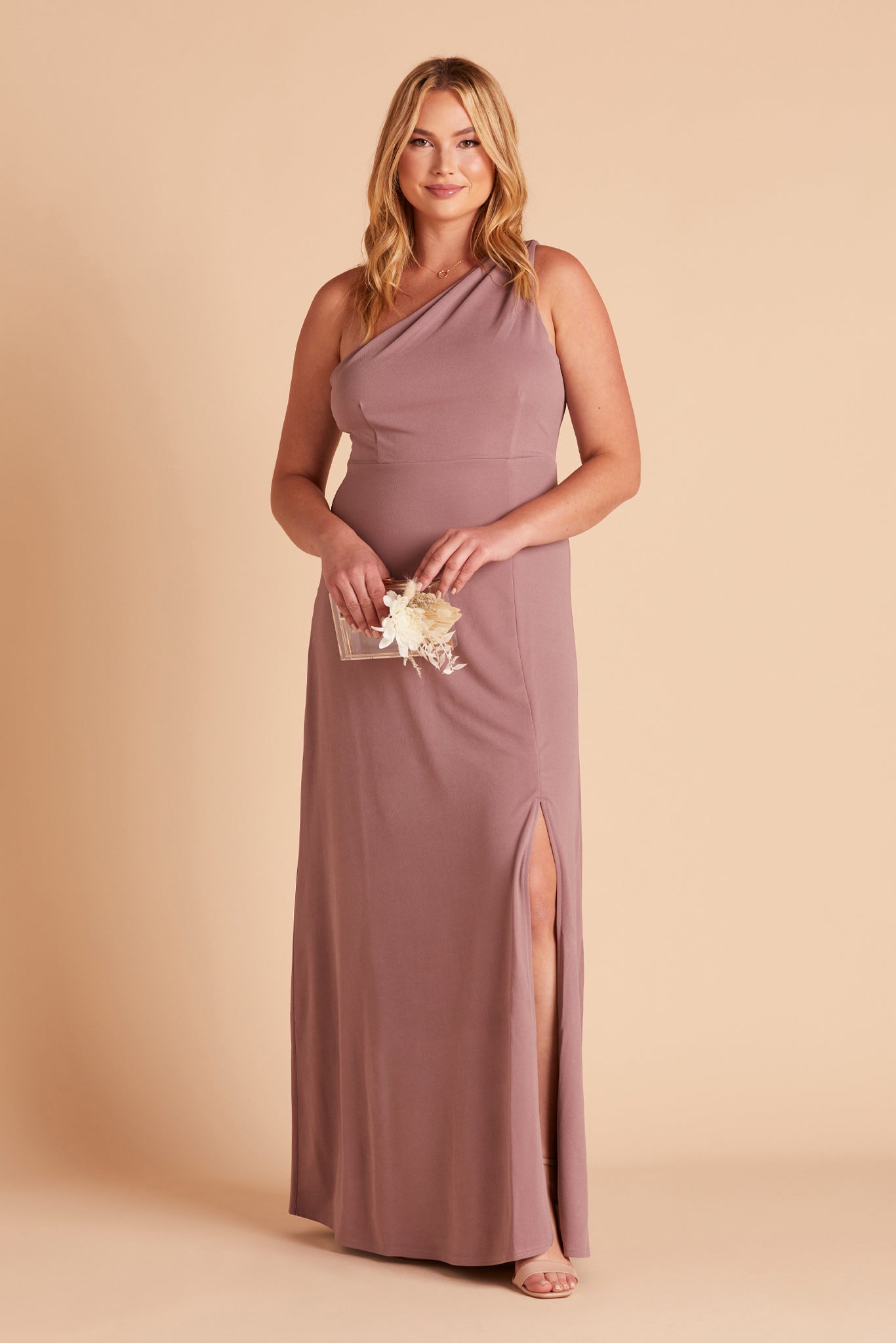 Kira plus size bridesmaid dress with slit in dark mauve crepe by Birdy Grey, front view