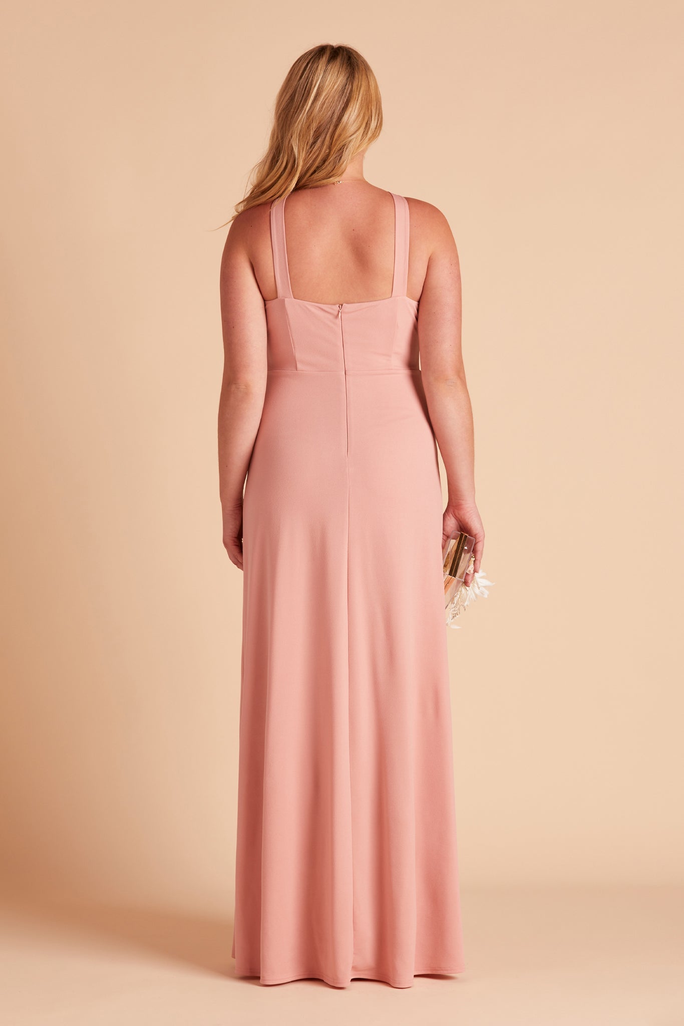 Gene plus size bridesmaid dress with slit in dusty rose crepe by Birdy Grey, back view