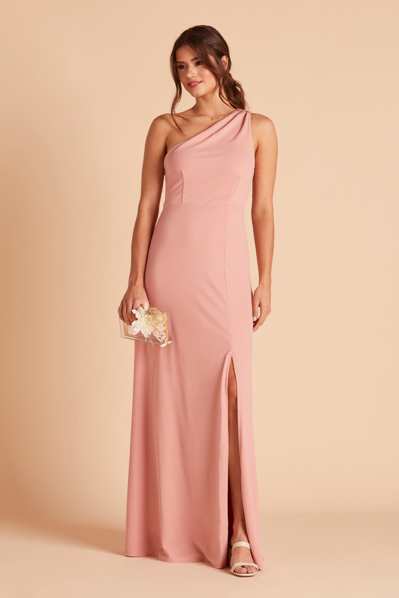 Kira bridesmaid dress with slit in dusty rose crepe by Birdy Grey, front view