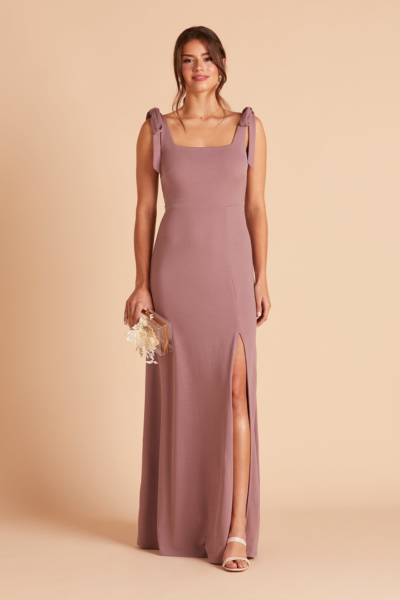 Alex convertible bridesmaid dress with slit in dark mauve crepe by Birdy Grey, front view